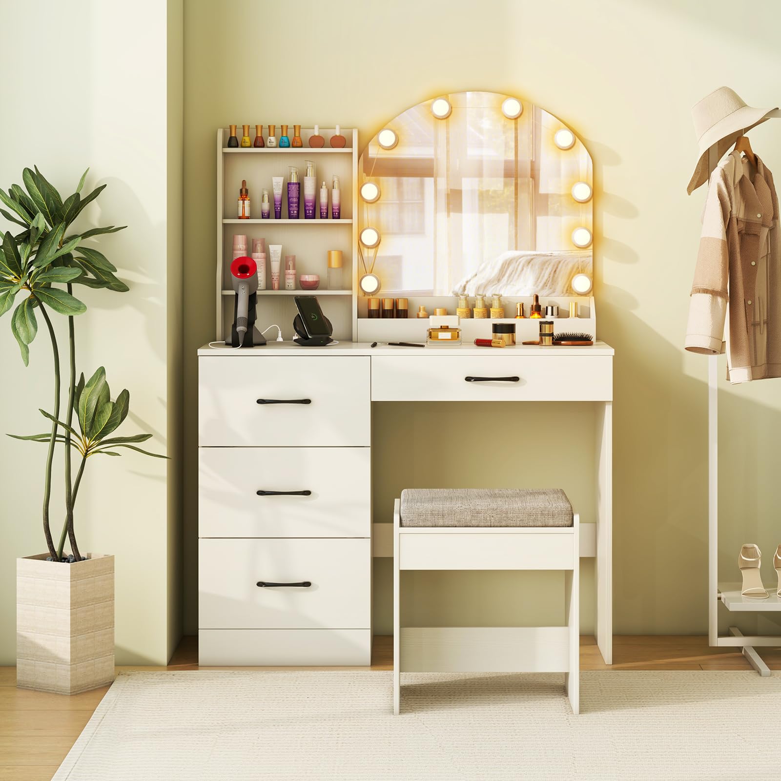 Vanity Desk with Lights - Makeup Vanity Table with Charging Station, 4 Drawers, 3 Storage Shelves