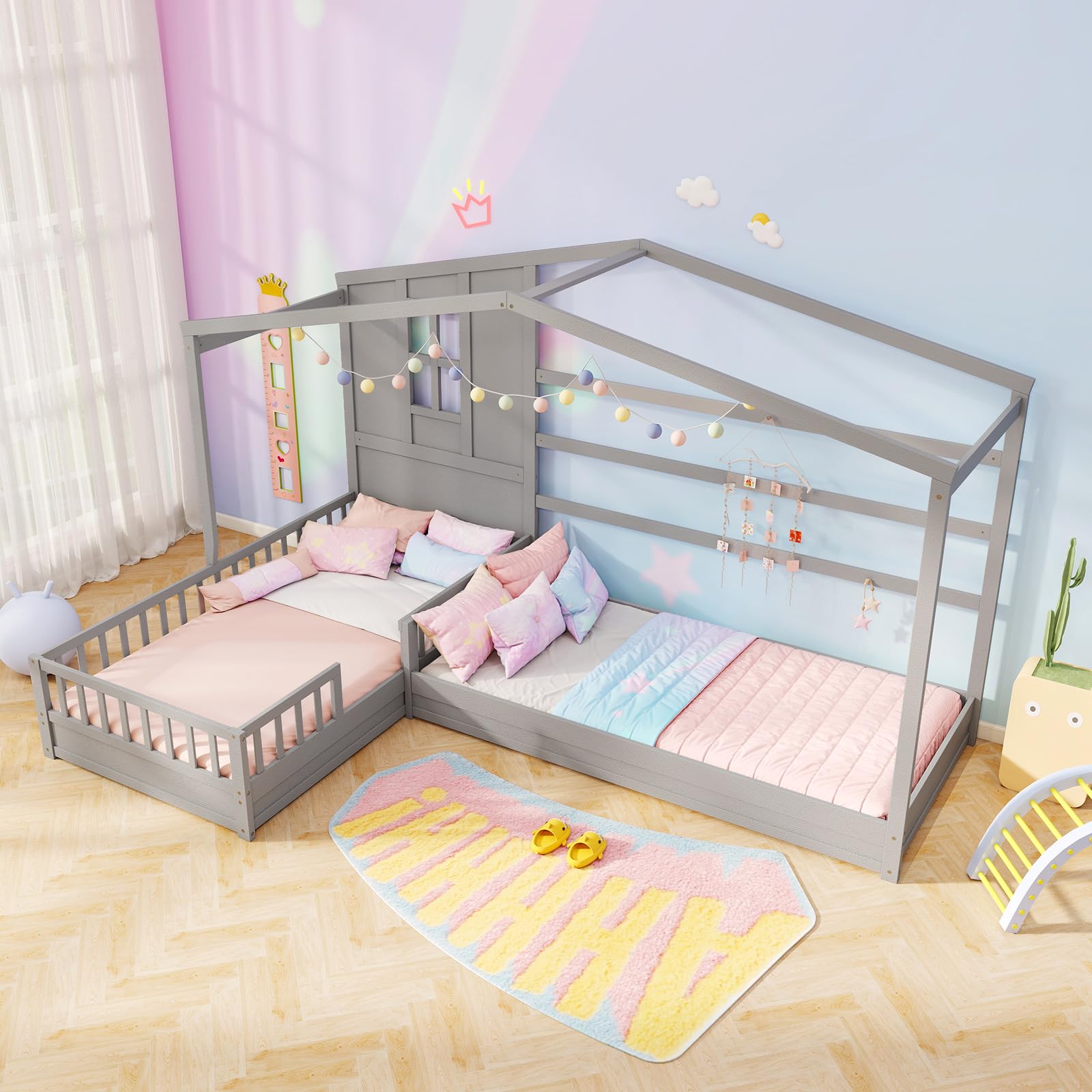 Giantex Double Twin Beds for Kids, House L-Shaped Platform Beds with Window & Fences