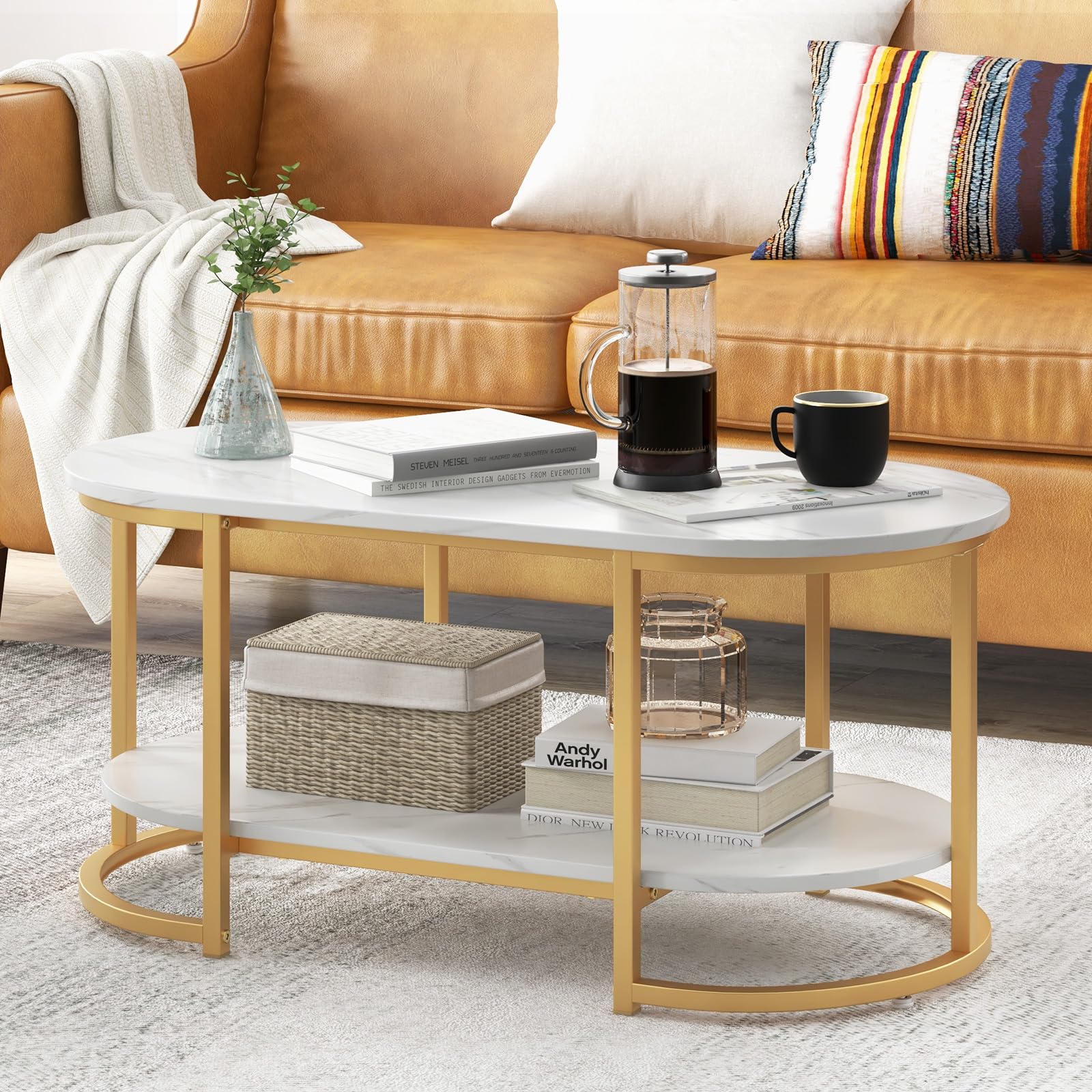 Giantex White Marble Coffee Table - Modern 2-Tier Center Table w/Open Storage Shelf