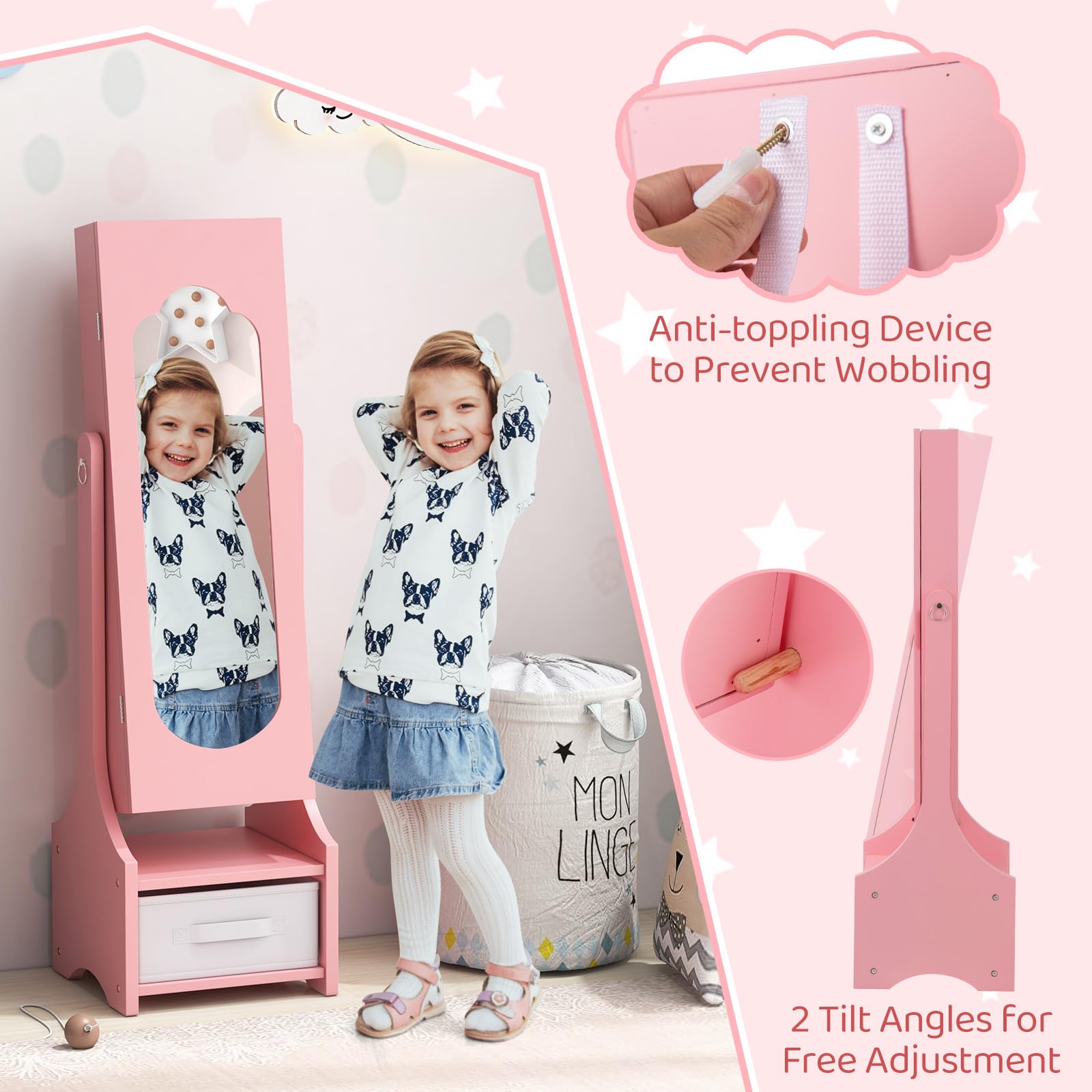 CHARMAID Kids Mirror Jewelry Armoire Cabinet - Standing jewelry Organizer for Girls