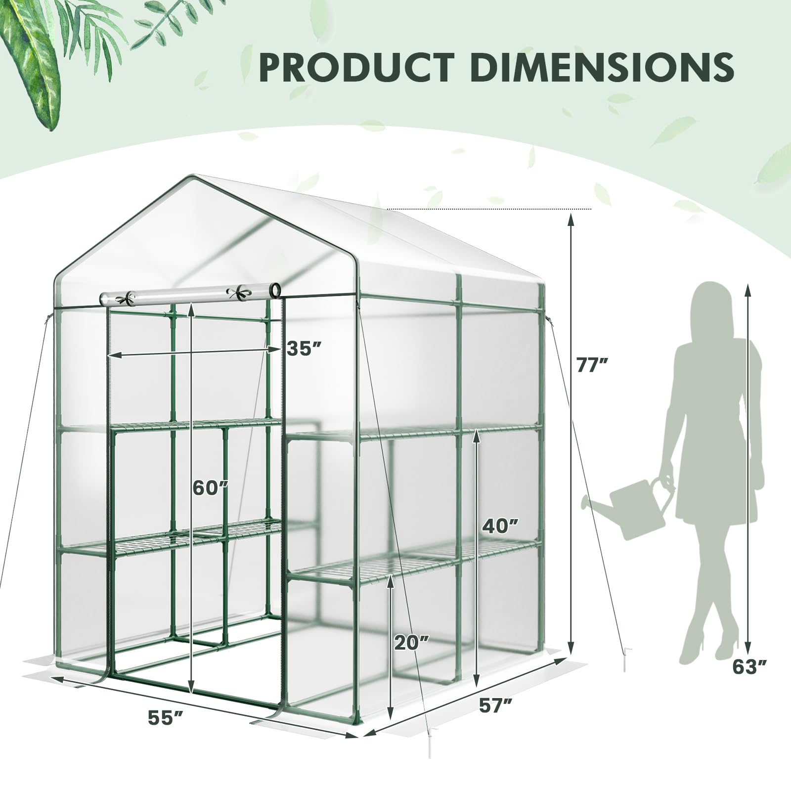 Giantex Walk-in Greenhouse w/ 3 Tiers 4 Shelves, 4 Ground Stakes & Ropes, PVC Cover