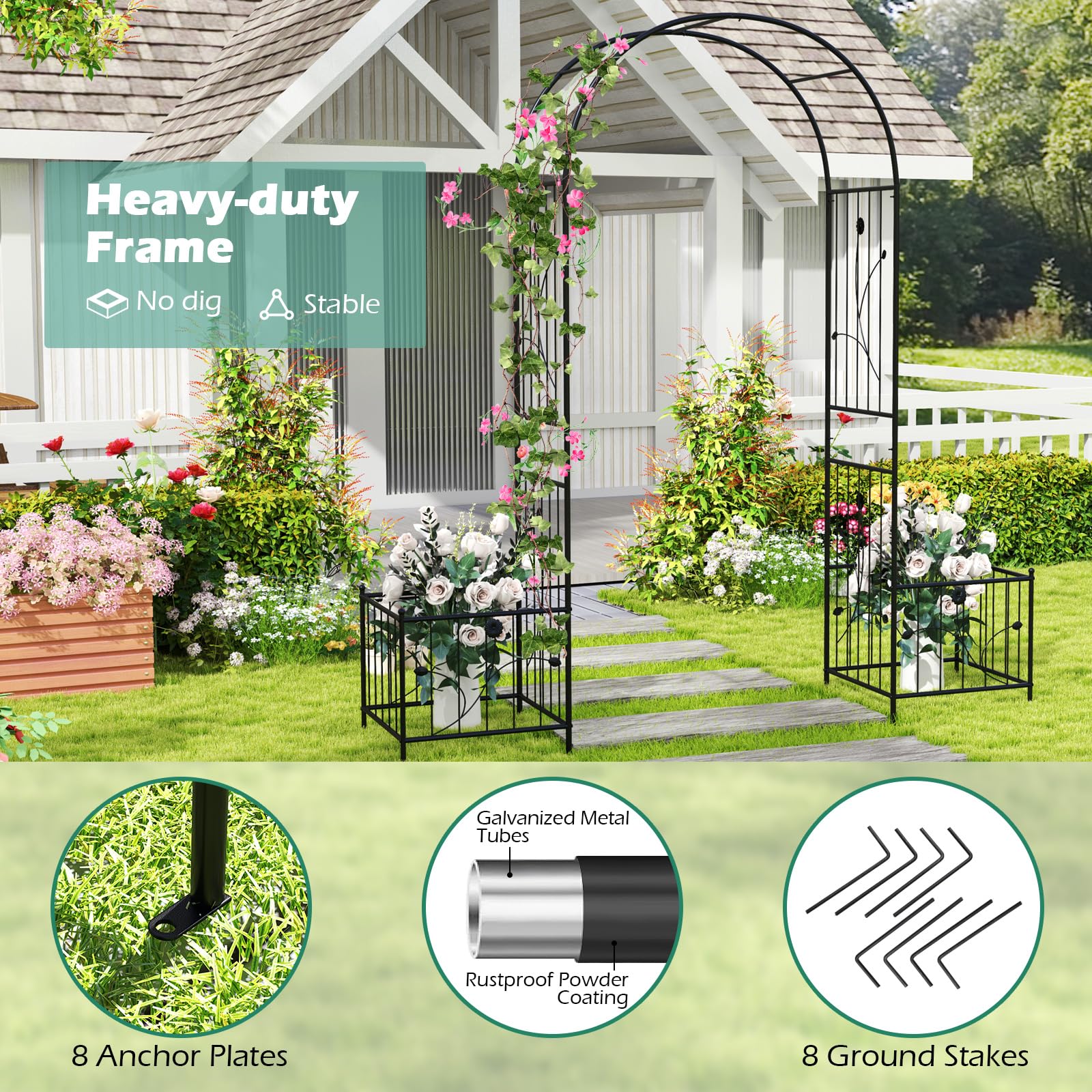 Giantex Garden Arch Trellis with Planters, 86'' Metal Arbor Pergola for Climbing Plants Rose Clematis Vines