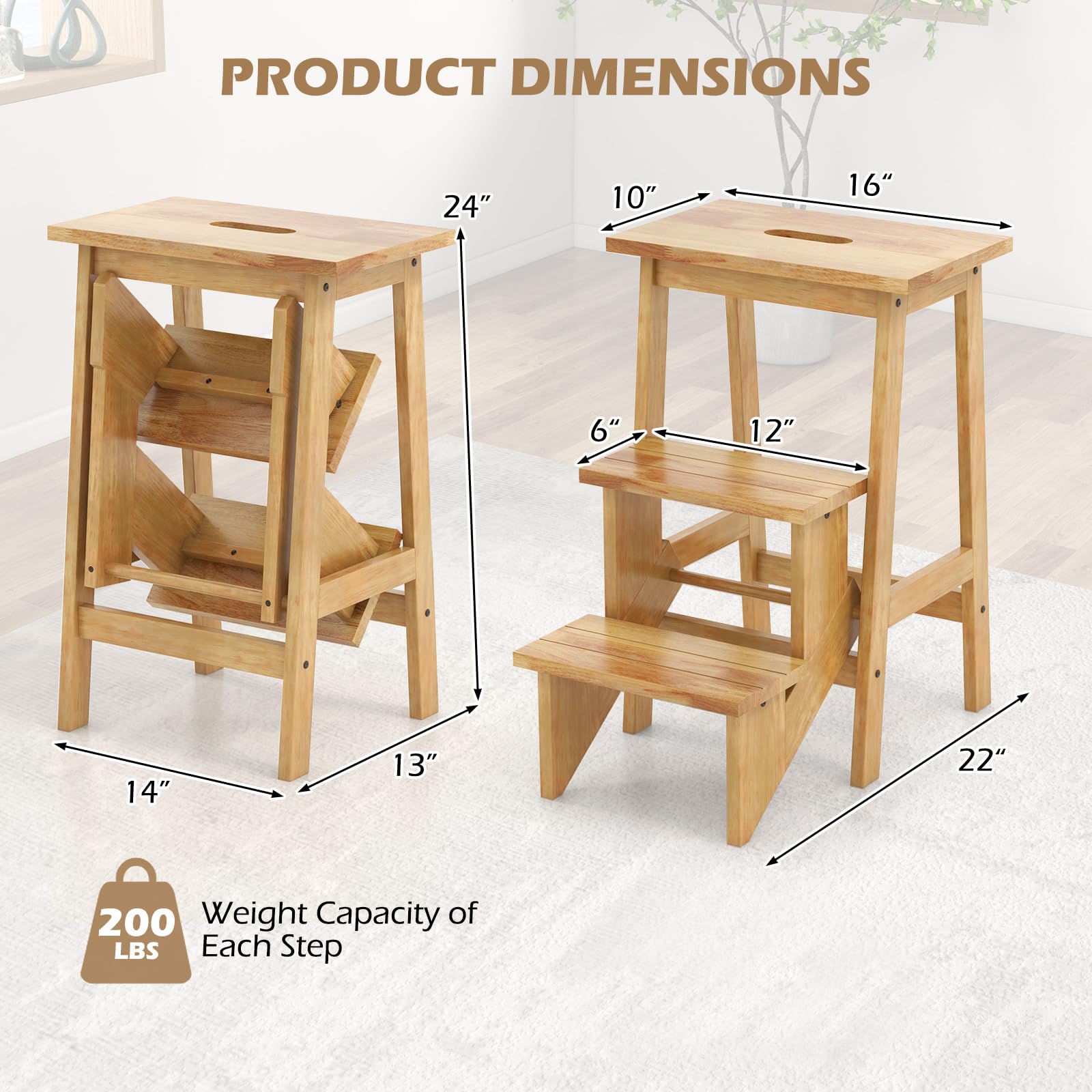 Giantex Folding 3 Tier Step Ladder, Multipurpose 3-in-1 Wood Step Stool with Anti-Slip (Natural)