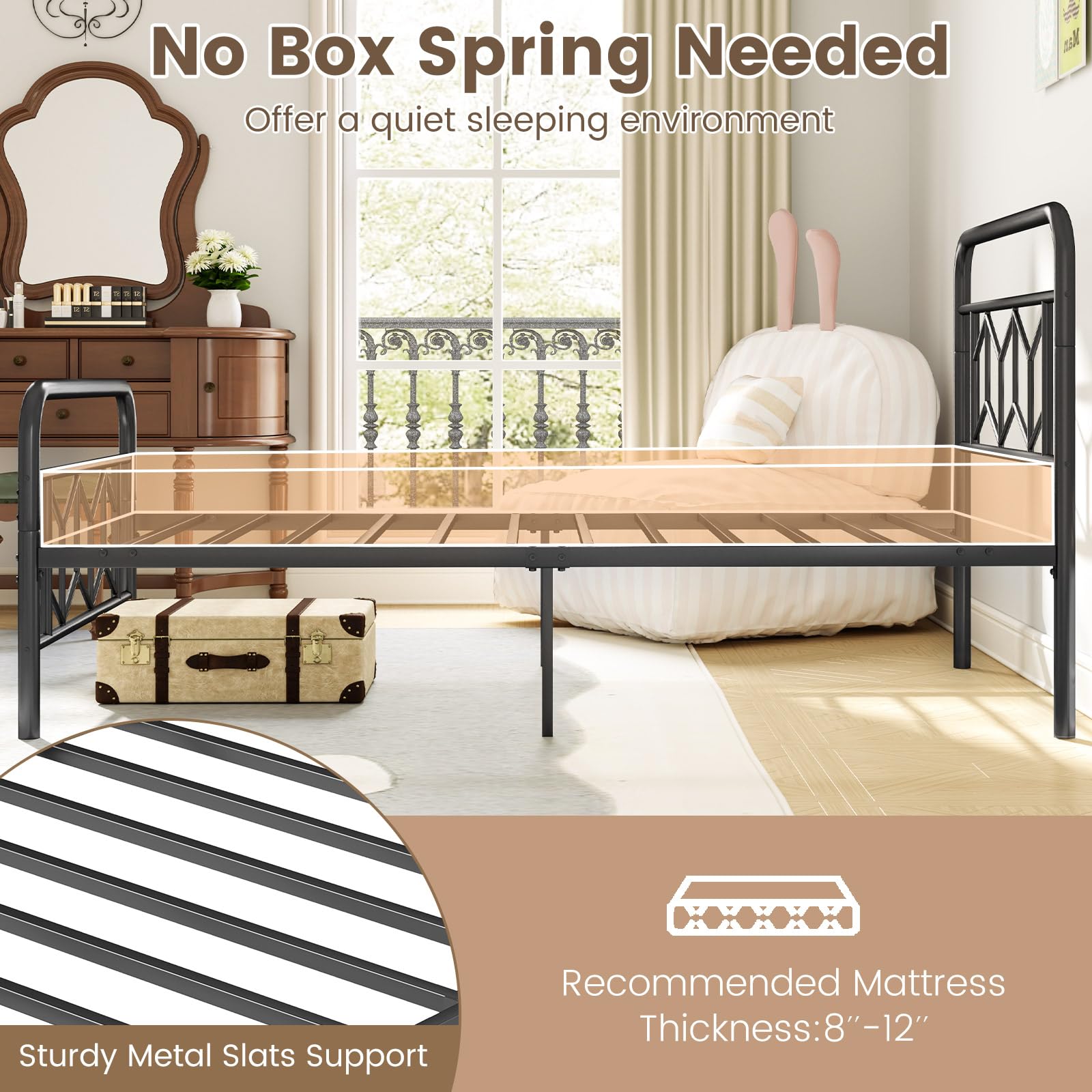 Giantex Metal Twin Bed Frames with Victorian Style Headboard & Footboard, Heavy Duty Slats Support Mattress Foundation