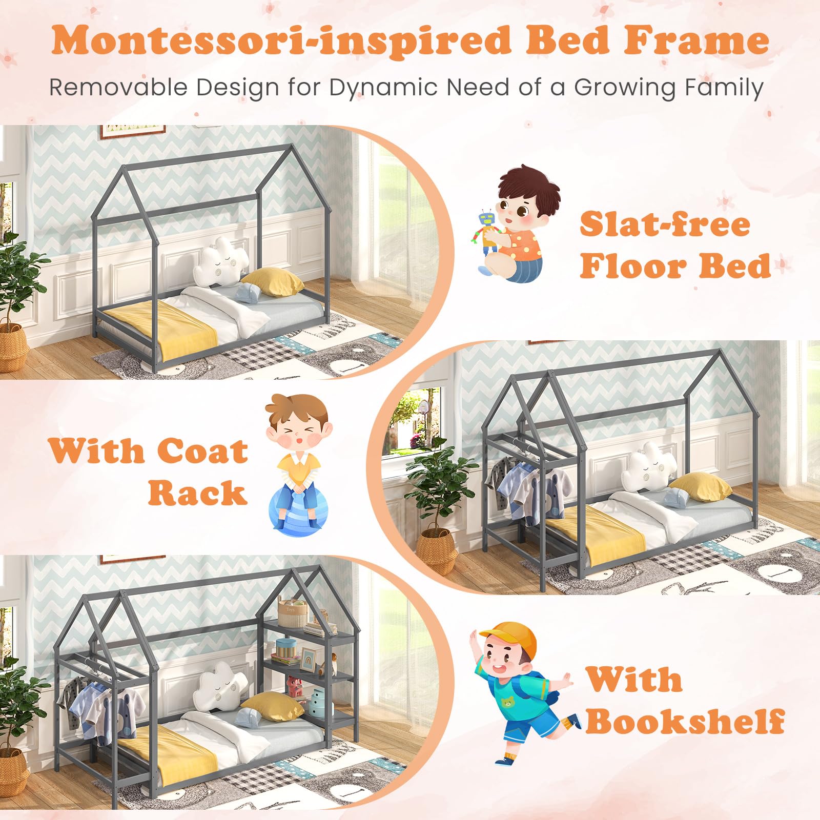 Giantex Twin Floor Bed, Wood Montessori Floor Bed with Detachable 3 Tier Storage Bookshelf & Clothes Rack