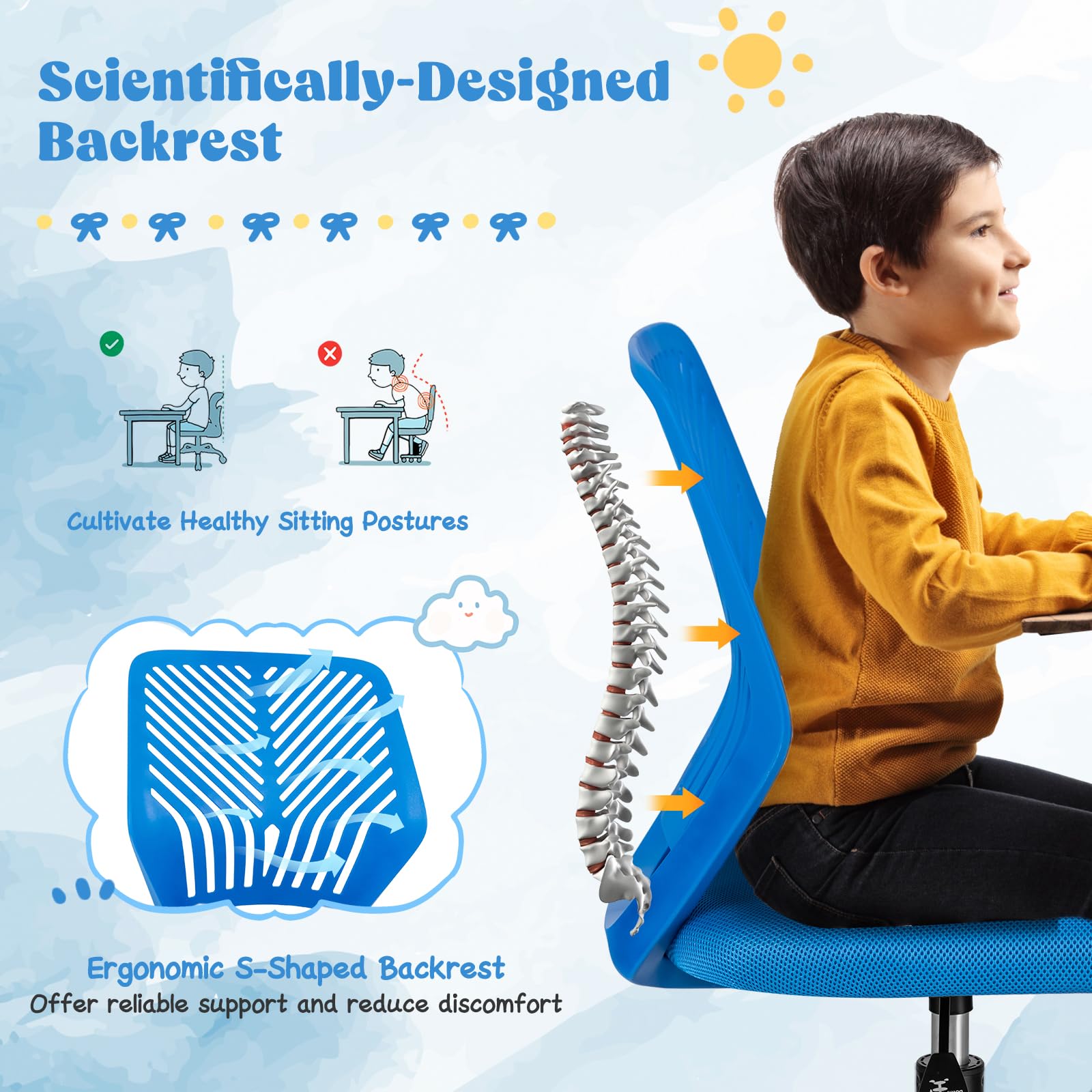 Giantex Kids Desk Chair, Armless Kids Computer Chair with Lumbar Support, Mesh Adjustable Swivel Study Chair with Wheels