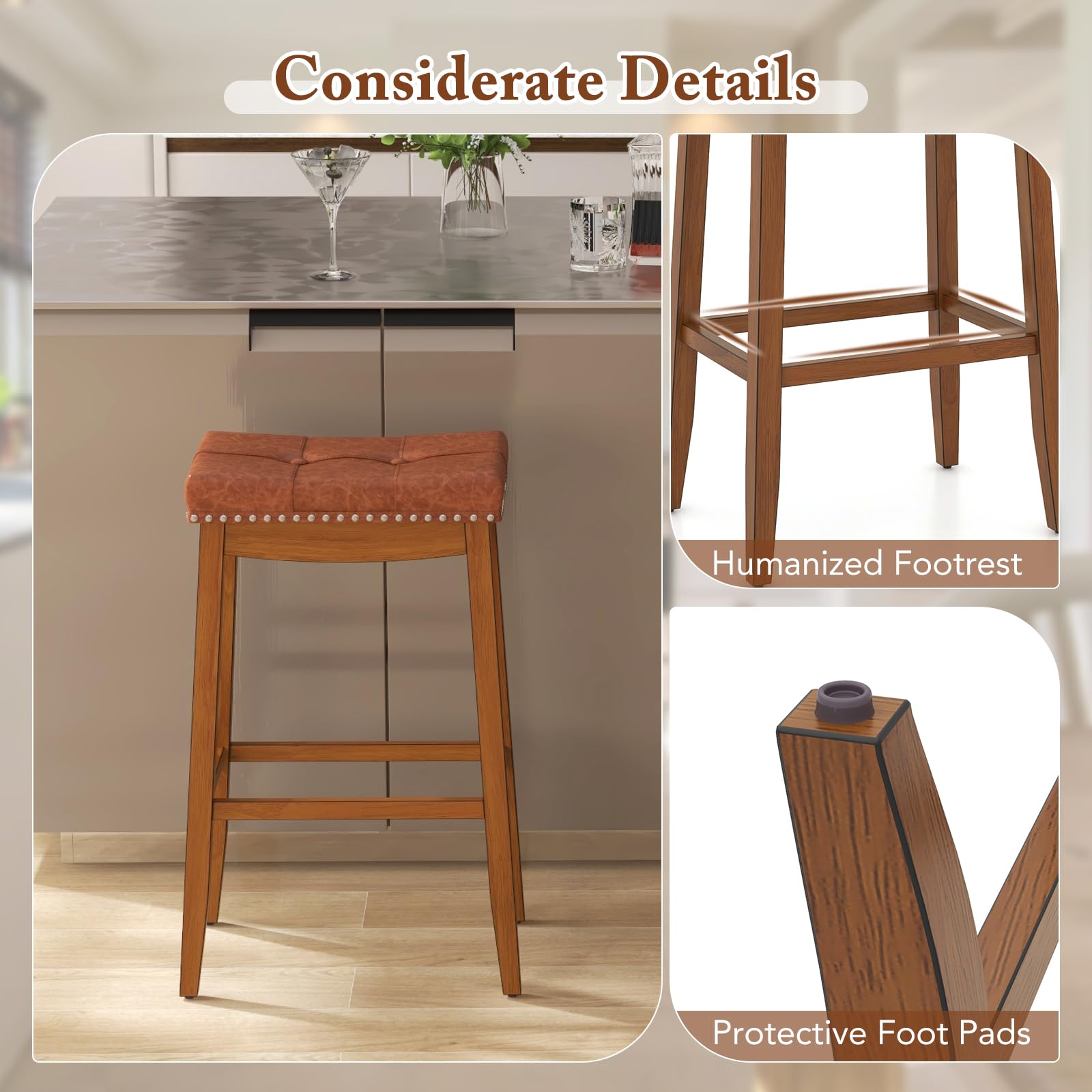 Giantex Bar Stools Set, 29" Counter Height Bar Stools w/Saddle Seat, Footrest, Rivet, Button Tufted, Rubber Wood Frame