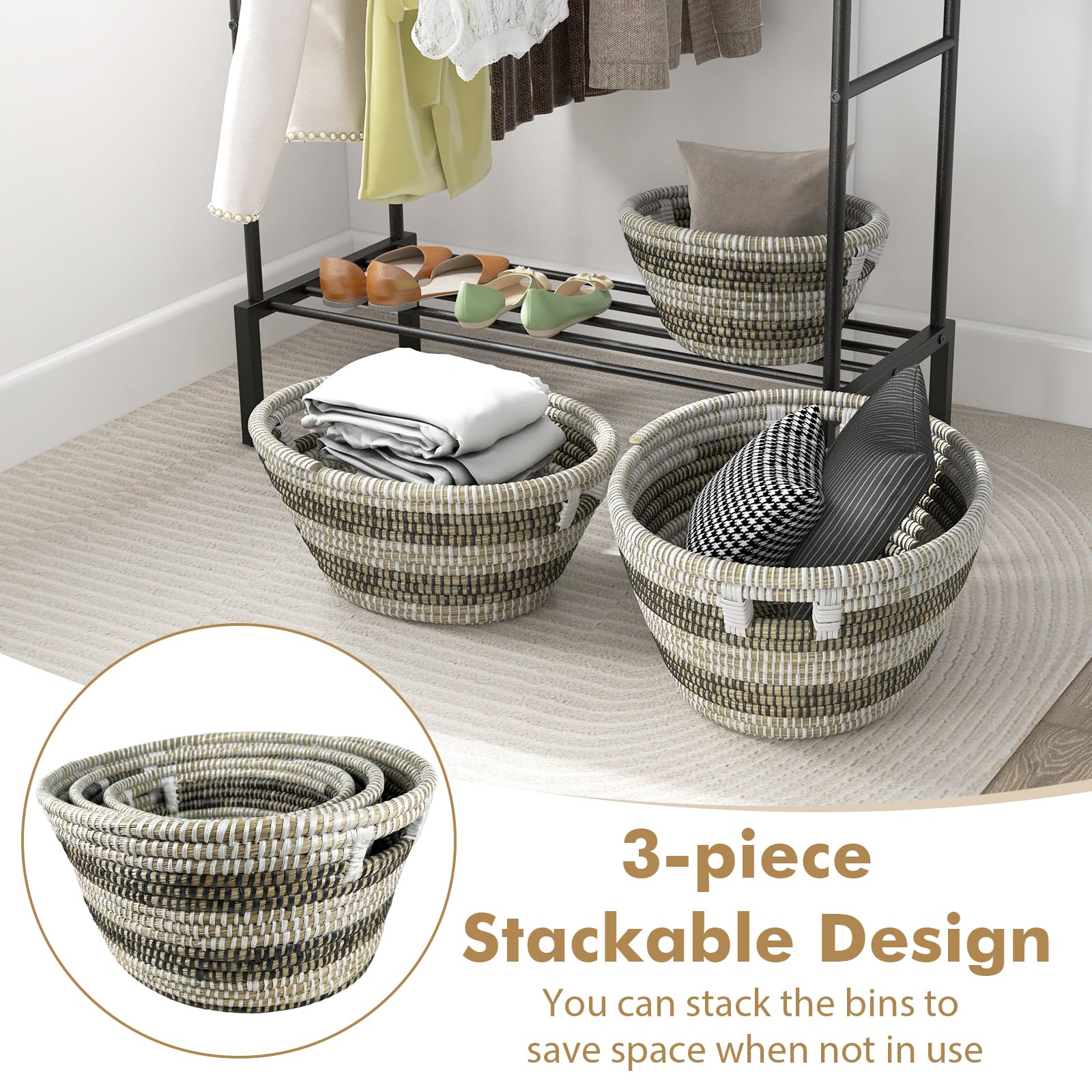 Giantex Woven Laundry Basket 24"/20"/16"- Set of 3 Stackable Storage Baskets with Handles