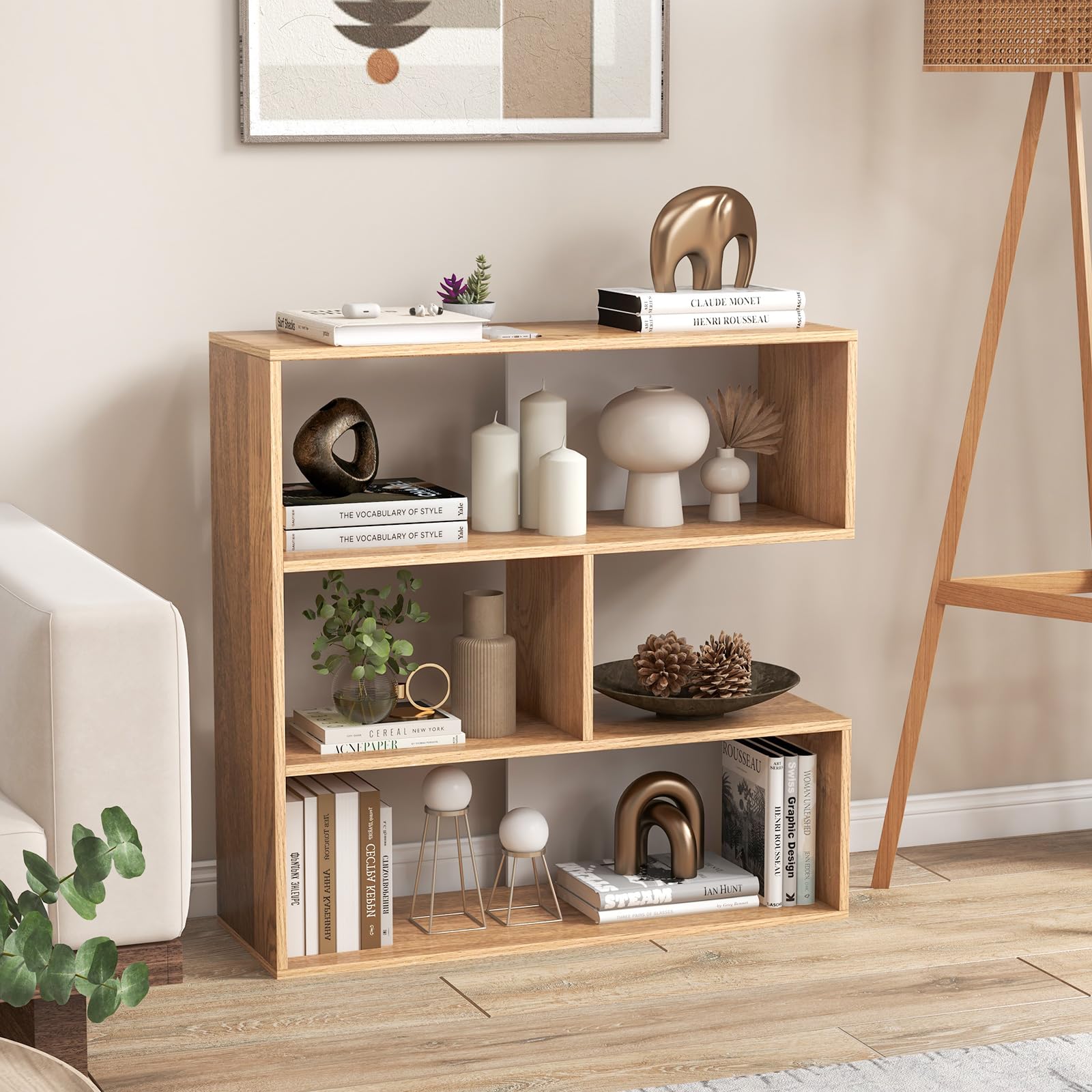 Giantex 3-Tier Bookshelf, Wooden Concave Bookcase for Small Space, Modern Freestanding Display Storage Shelves