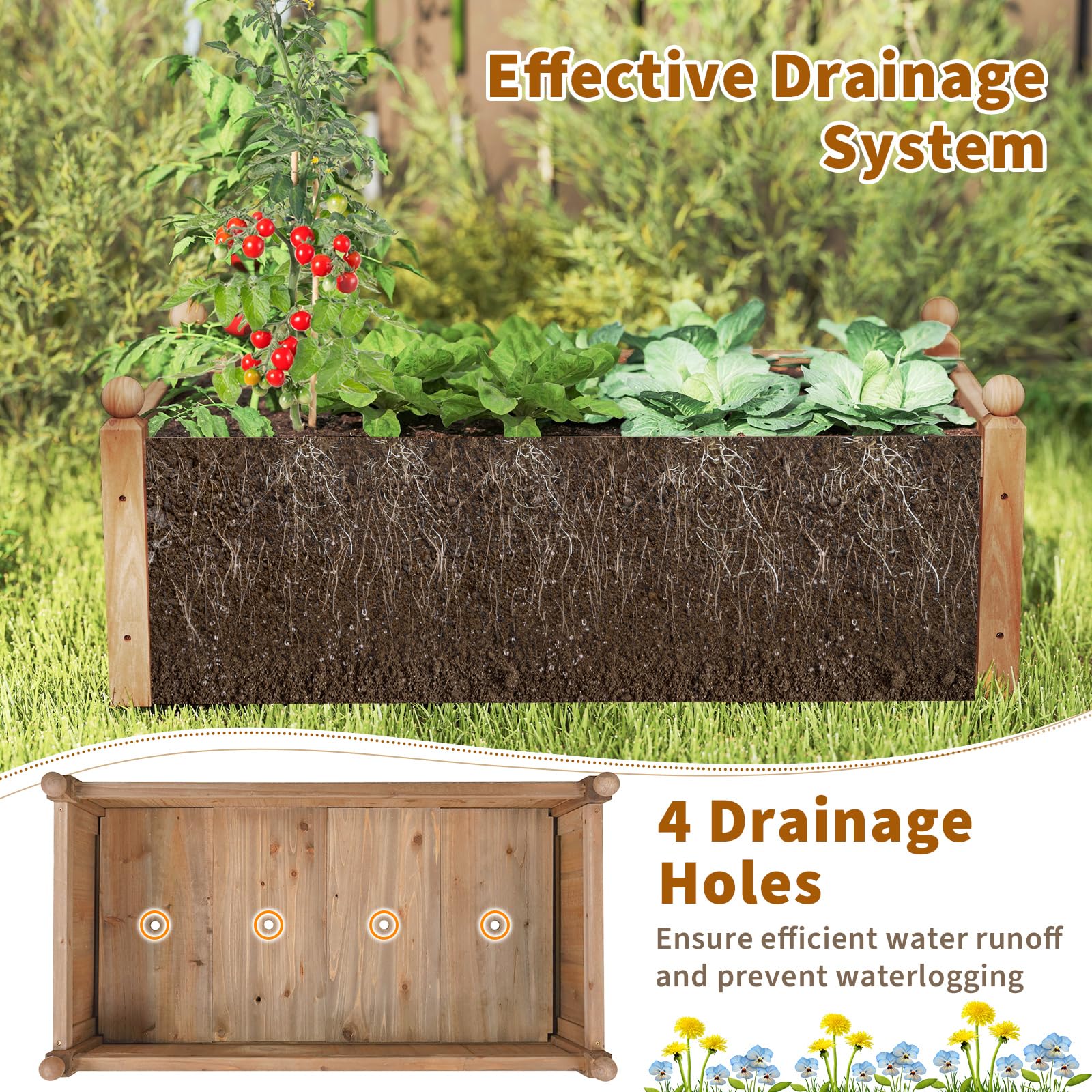 Wood Raised Garden Bed, 46” x 24” x 16” Rectangular Flower Box w/Drainage Holes