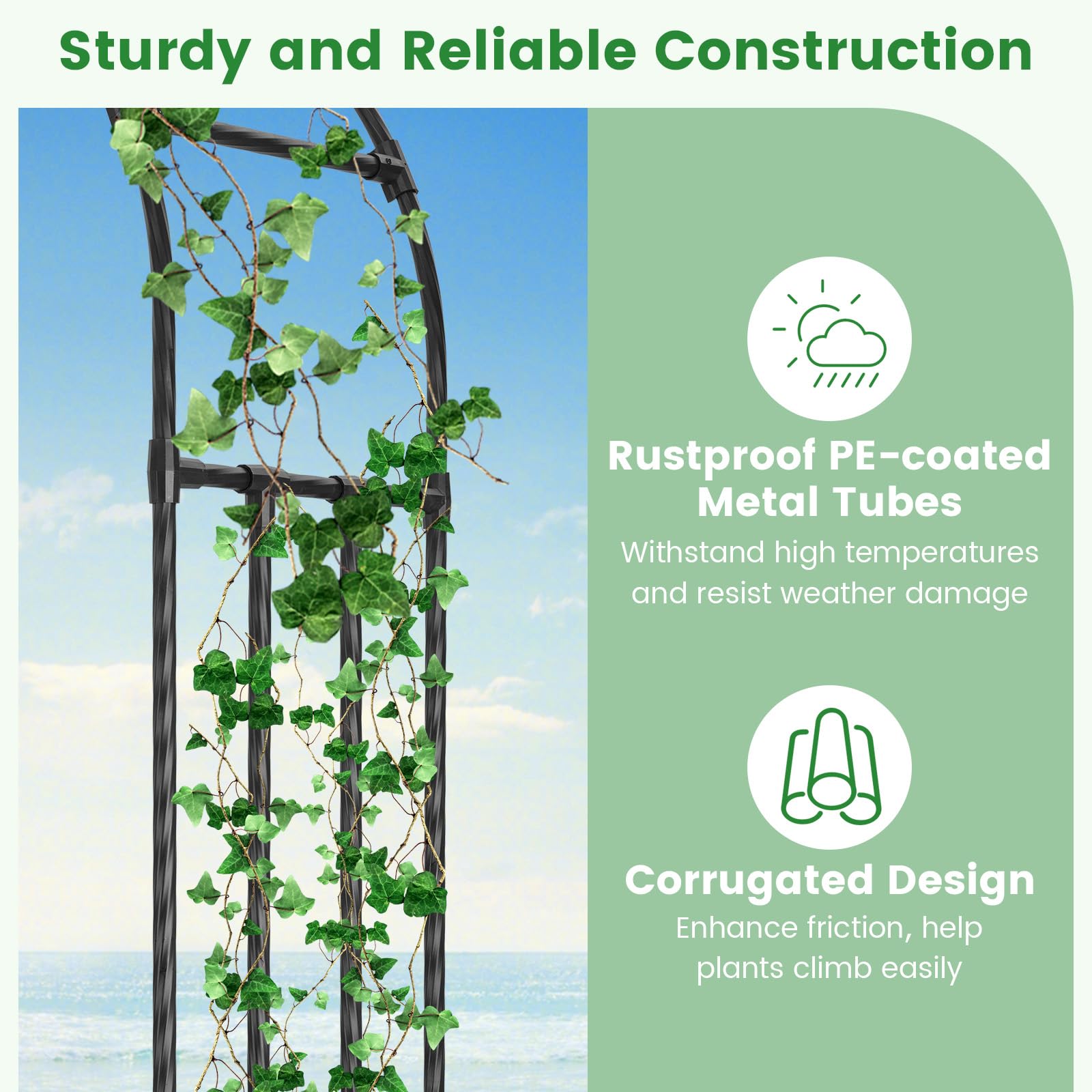 Giantex Garden Arch Trellis, 60''W x 95''H Metal Arbor with Corrugated PE-Coated Steel Tubes for Climbing Plants Roses Ivy