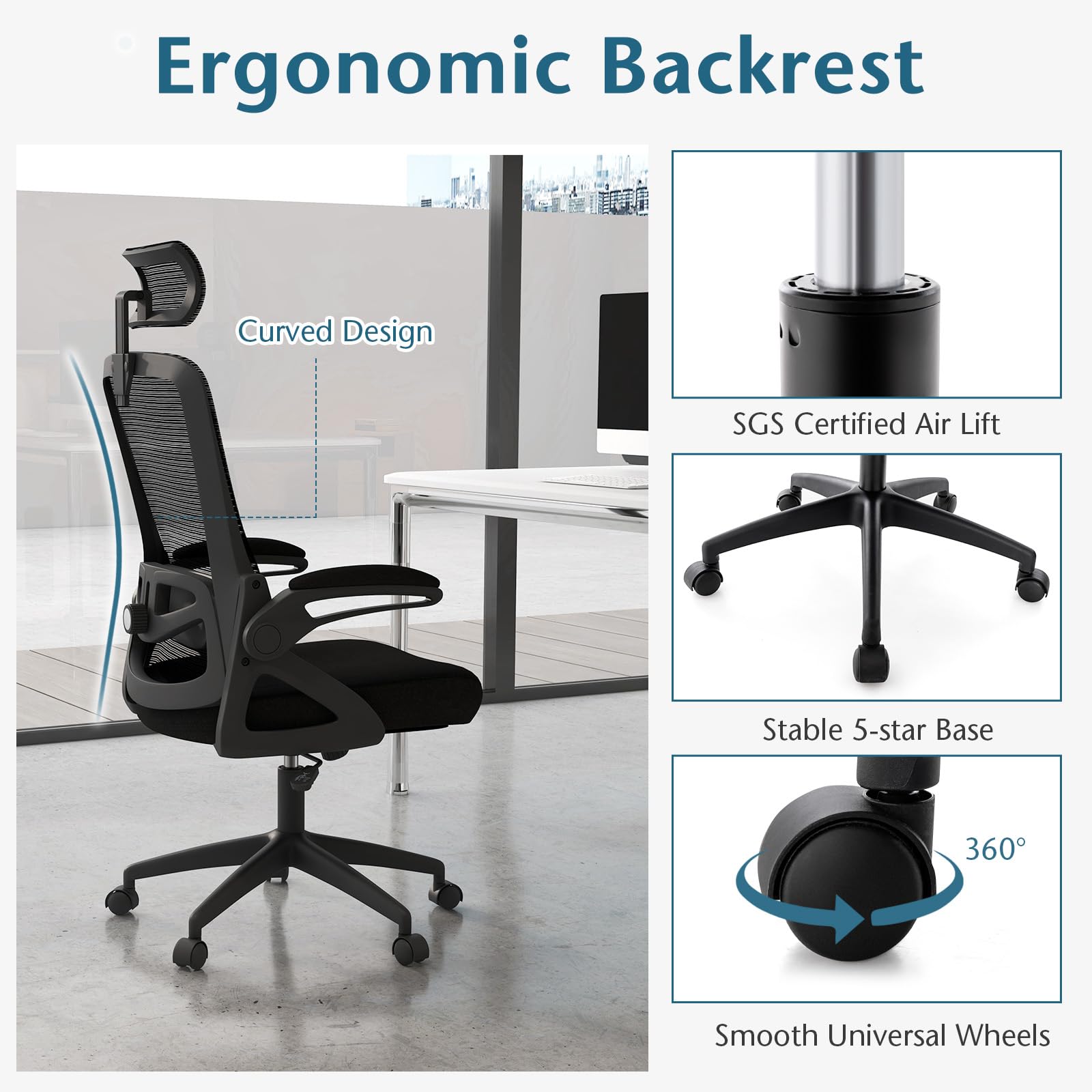 Giantex Ergonomic Mesh Office Chair, High Back Desk Chair with Adjustable Headrest, Lumbar Support