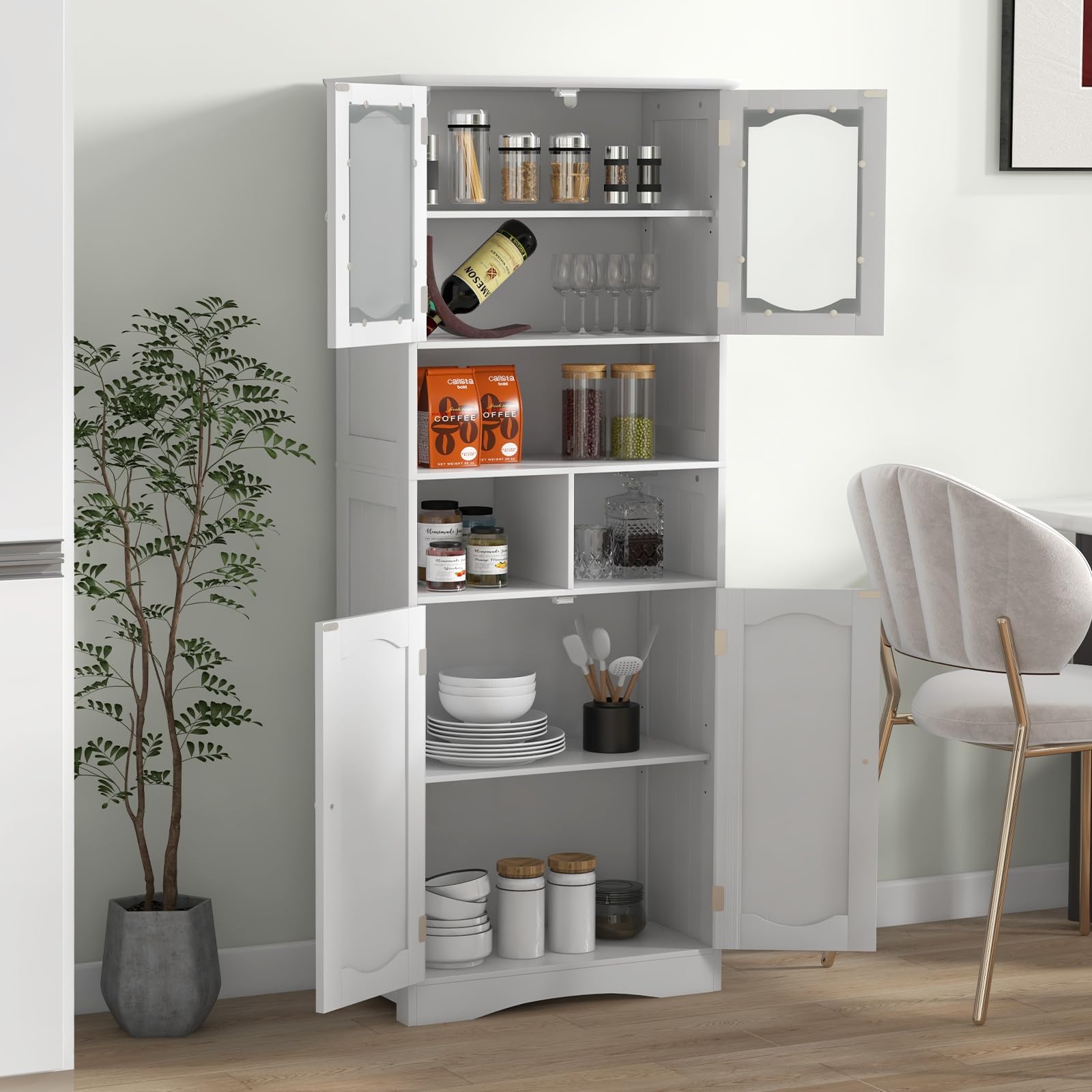 Giantex 58.5" Tall Storage Cabinet - Pantry Cabinet with Tempered Glass Doors, Adjustable Shelves