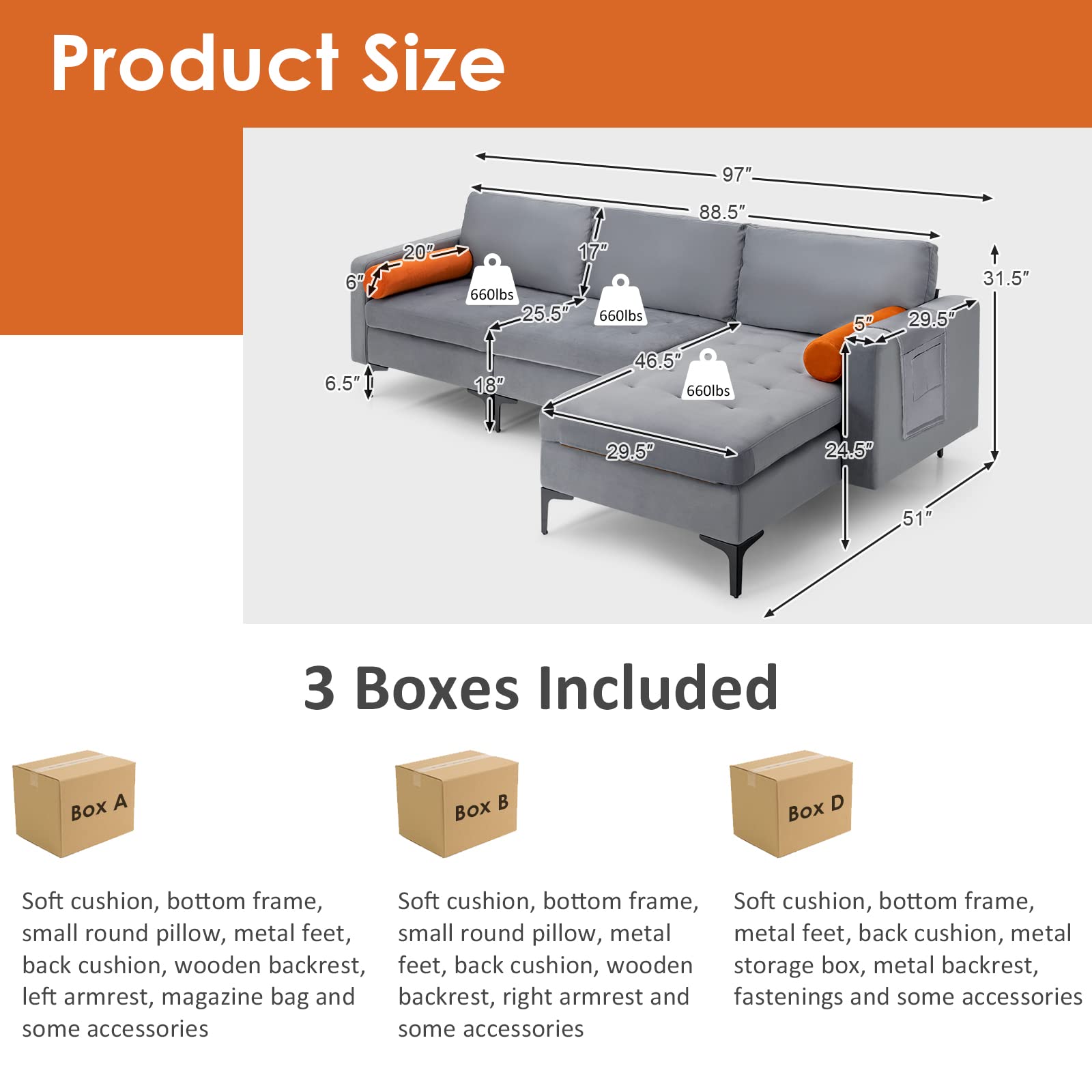 Giantex 97" Large Couch, 3 Seat Sectional Sofa Set, L-Shaped Modular Sleeper with Chaise Lounge & USB Port & Socket