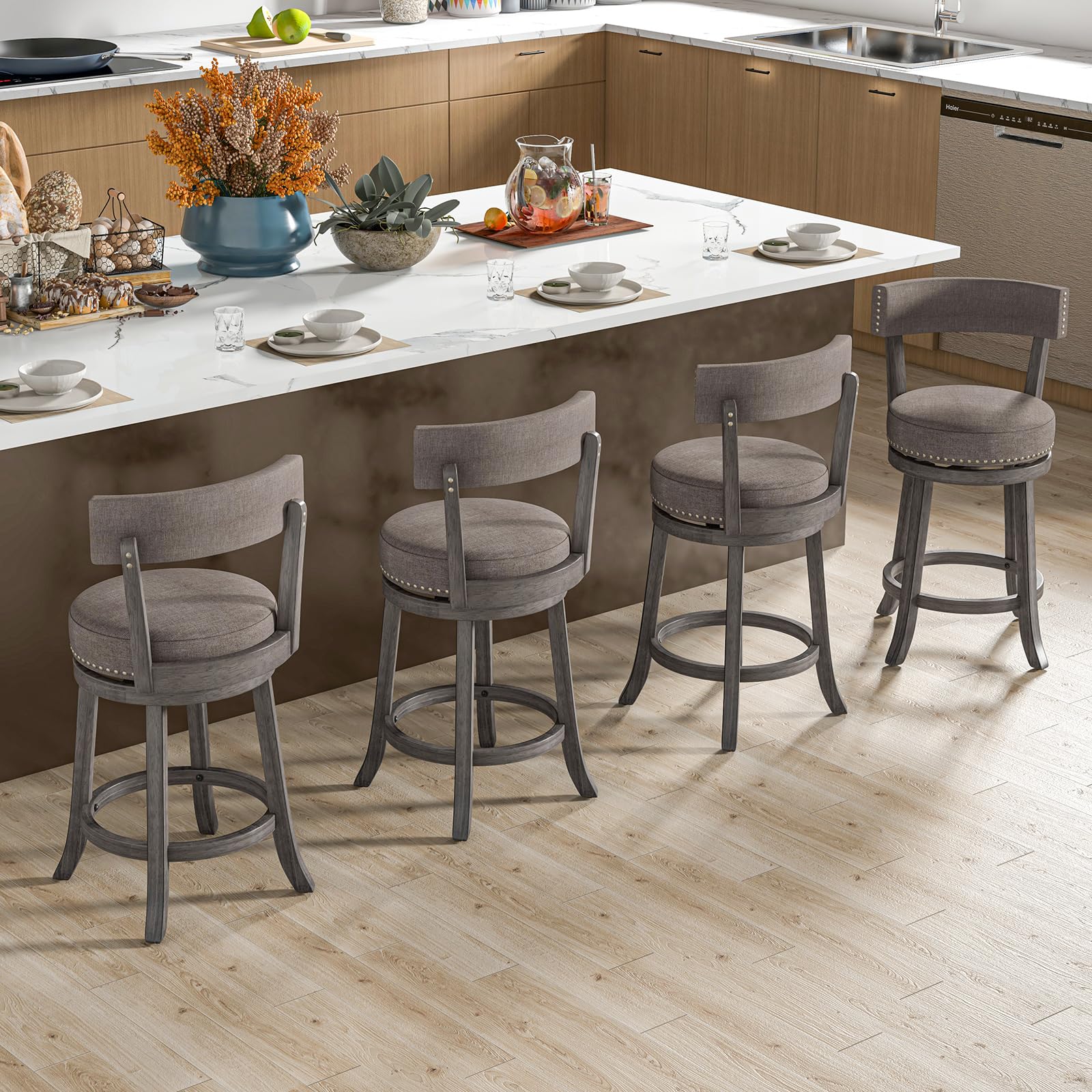 Giantex 26" Bar Stools Set, Swivel Counter Height Bar Chairs with Footrest, Rubber Wood Frame