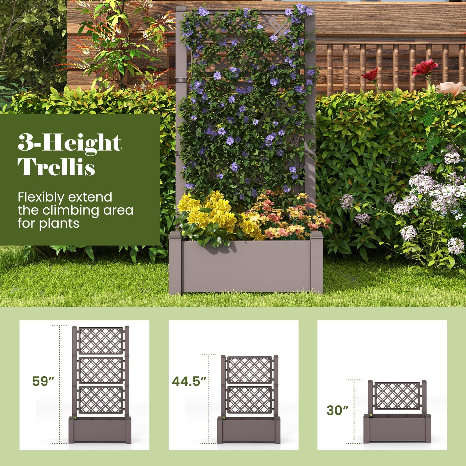 Giantex Raised Garden Bed with Trellis 59”, Self-Watering Planter Box with Water Level Indicator & Removable Space Dividers