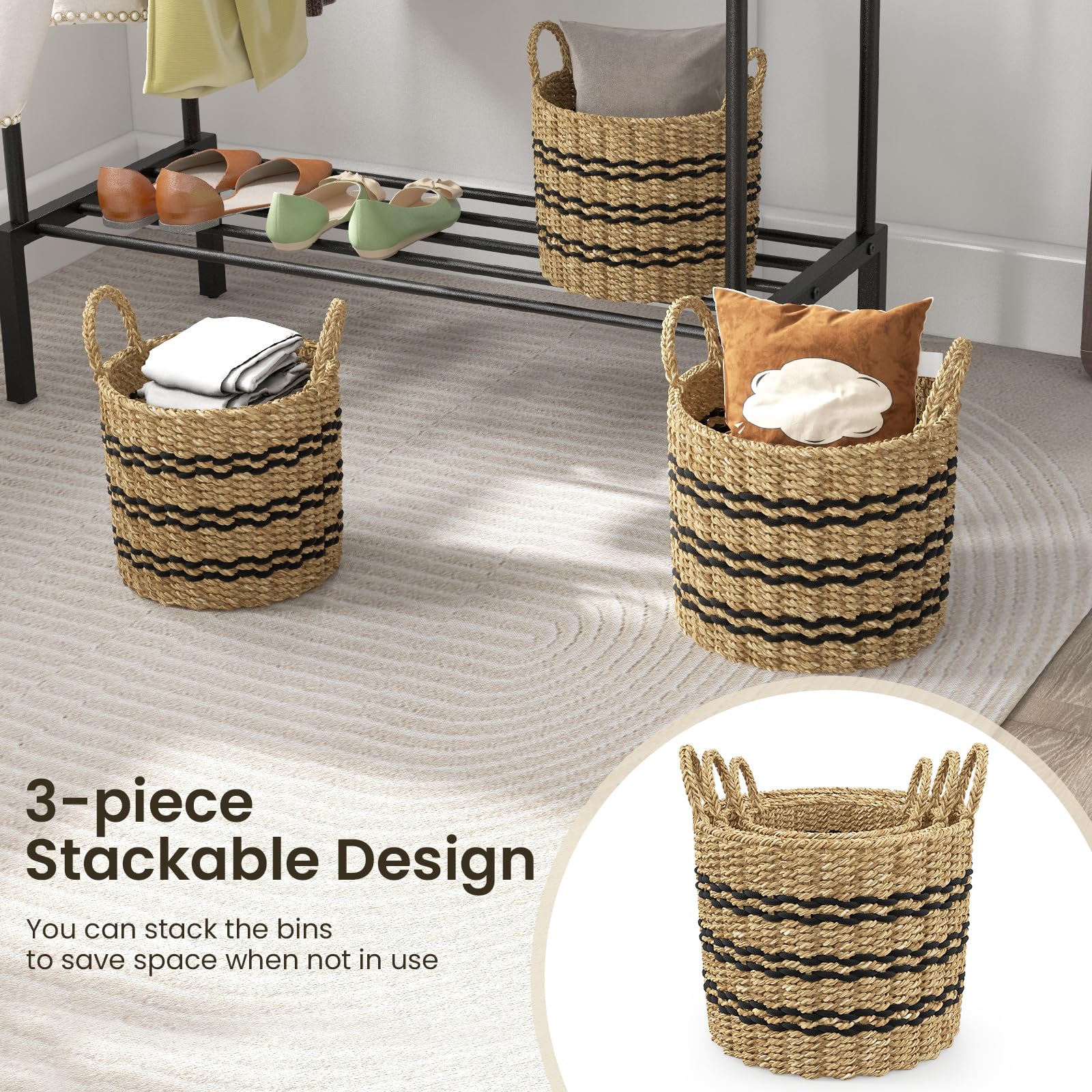 Giantex Woven Laundry Basket - Set of 3 Stackable Laundry Hamper with Handles, 1 Large, 1 Medium & 1 Small Storage Baskets