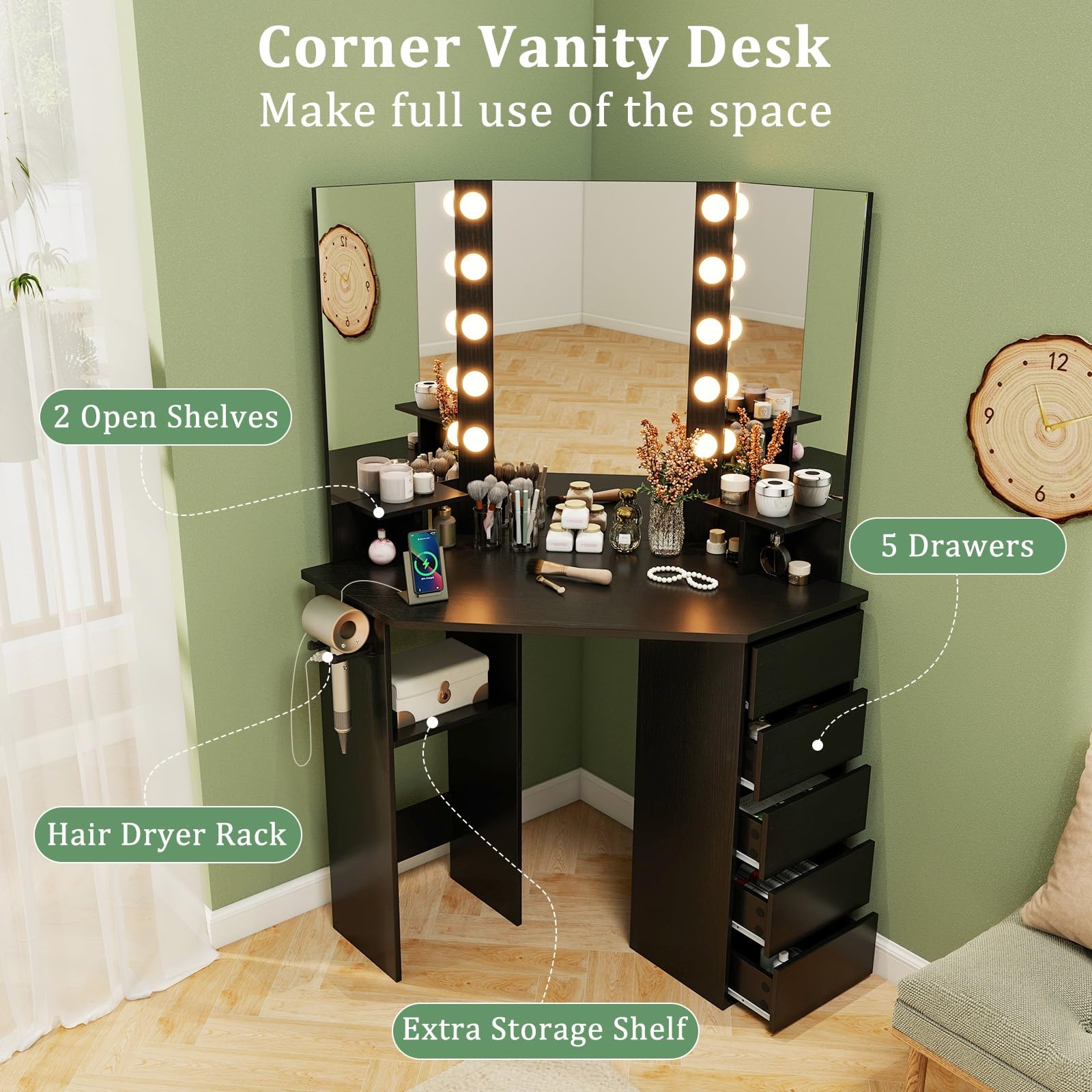 CHARMAID Corner Vanity Desk with Mirror and Lights