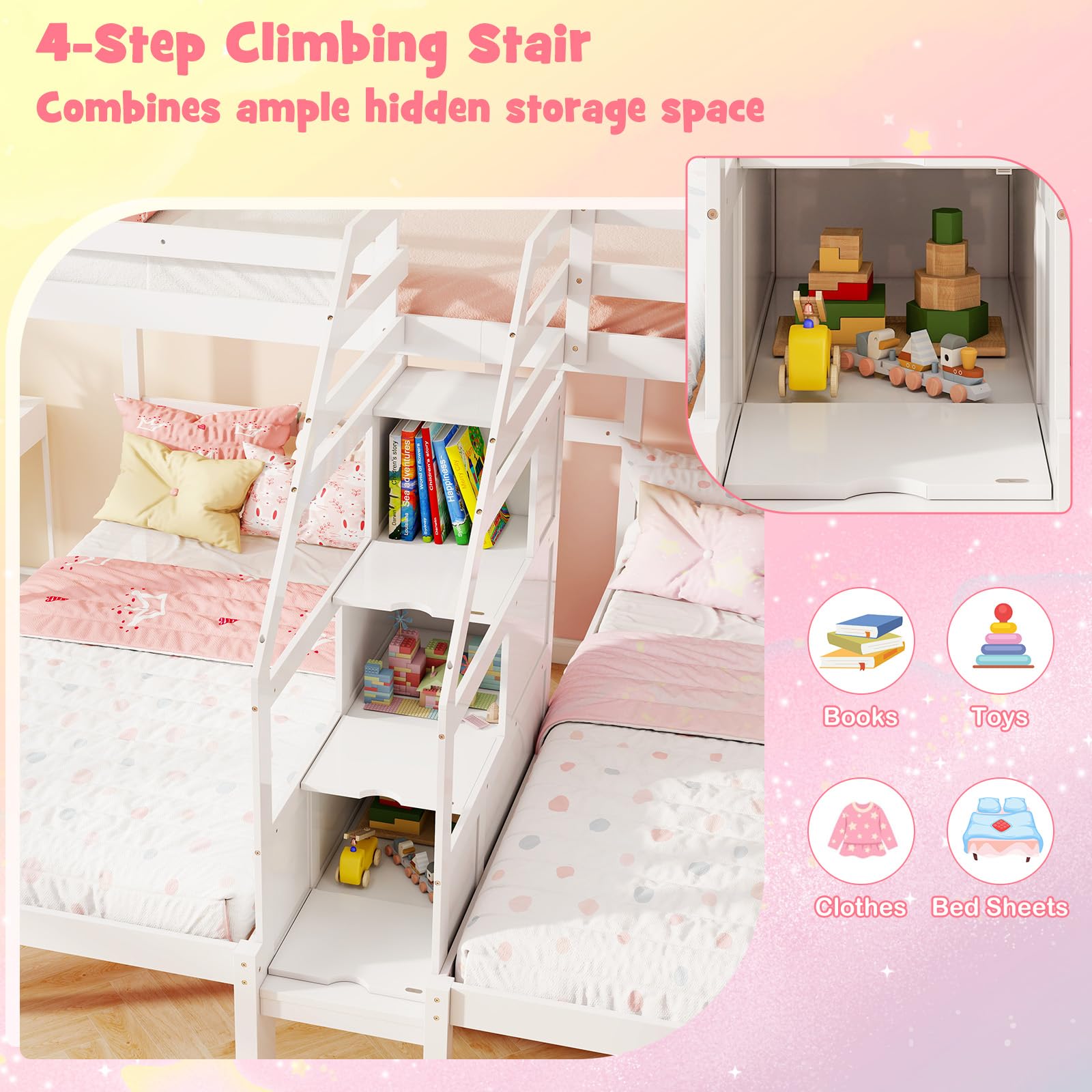 Giantex Twin Over Twin & Twin Bunk Bed, Triple Bunk Beds with 4-Step Storage Stair, Wooden 3 Bunk Beds for Kids Teens