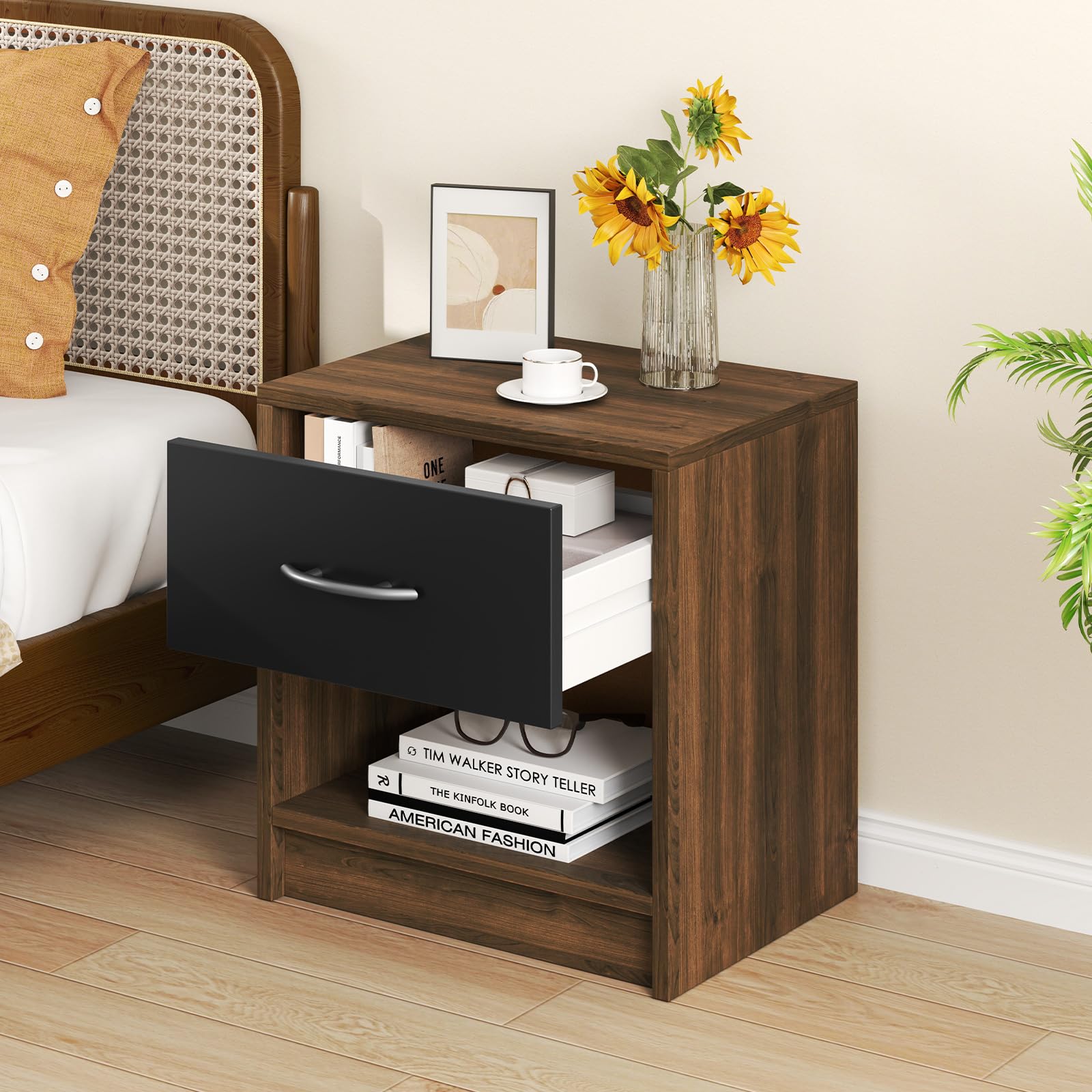 Giantex Night Stand Set of 1/2 with Drawer, Wood  End Table with Open Storage Shelf for Bedroom