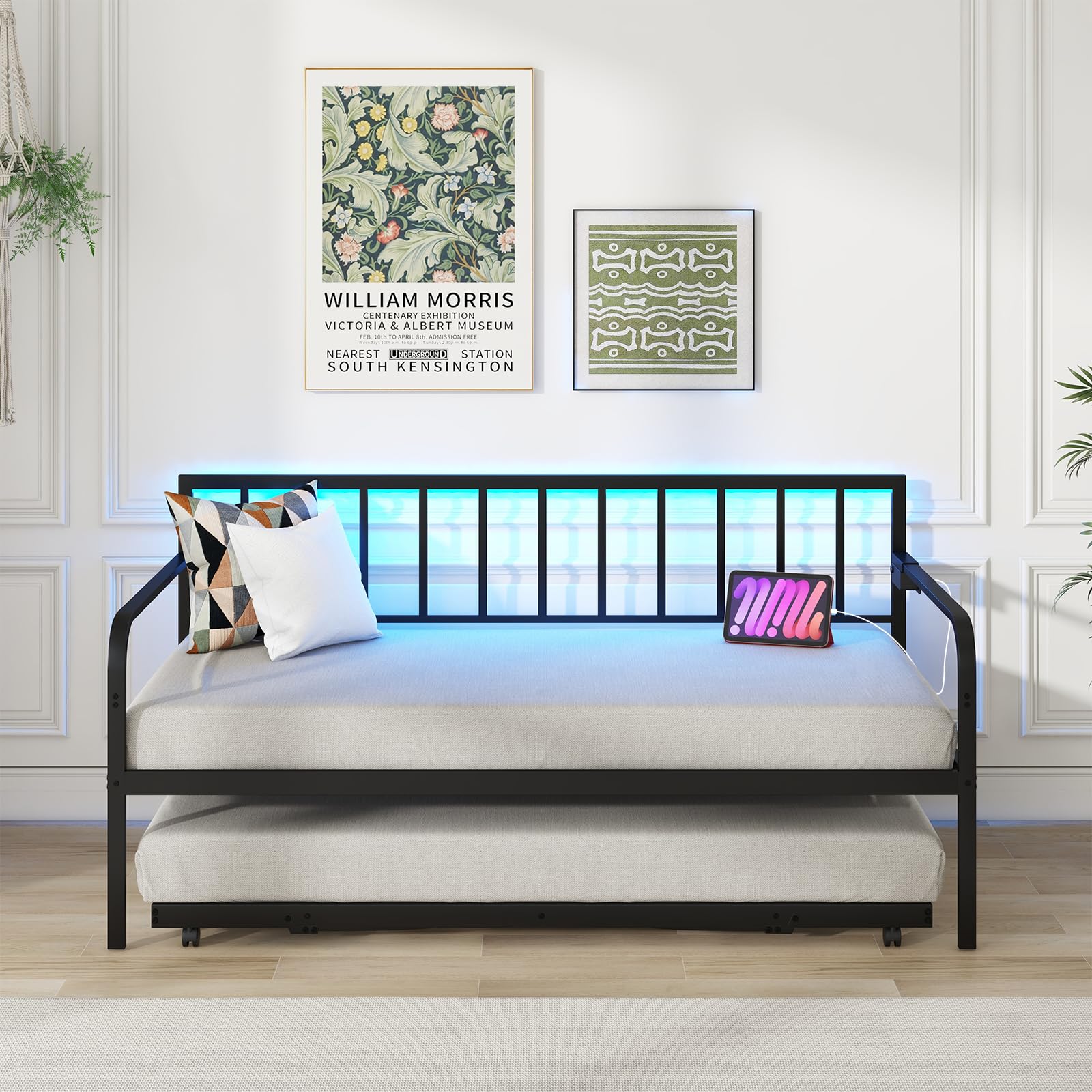 Giantex Twin Daybed with Trundle, Metal Day Bed with Charging Station & LED Lights