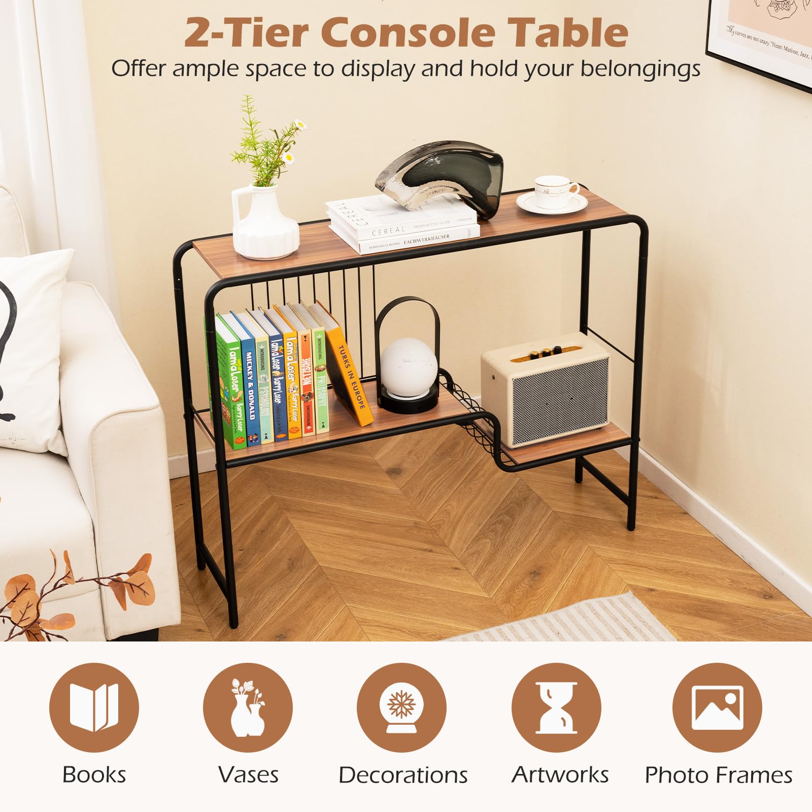 Giantex 2-Tier Console Table, 35.5" Narrow Entryway Table w/Irregular Storage Shelves & Metal Frame