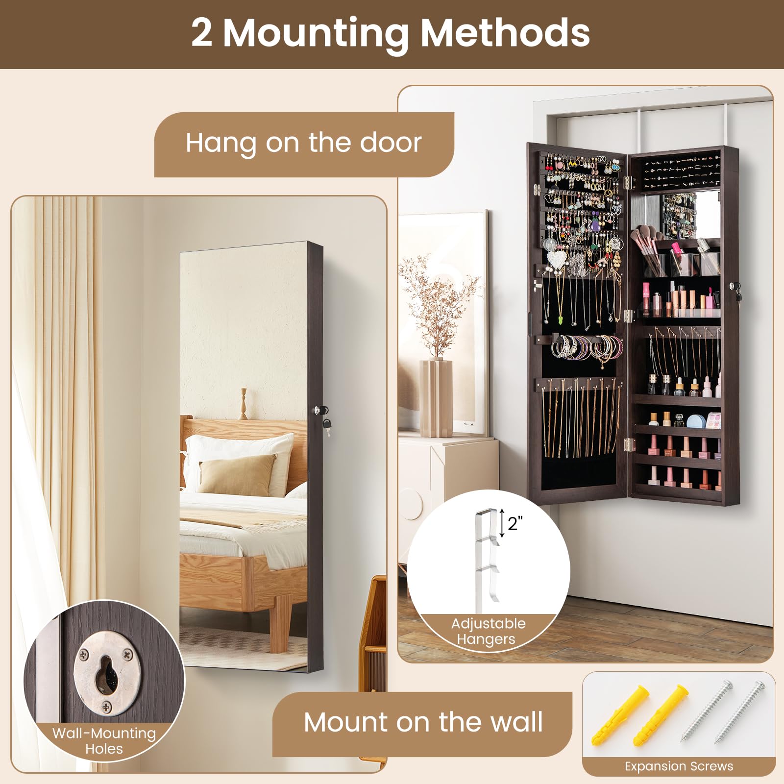 CHARMAID Jewelry Cabinet Wall or Door Mounted, Hanging Lockable Jewelry Armoire Storage with Full Length Mirror