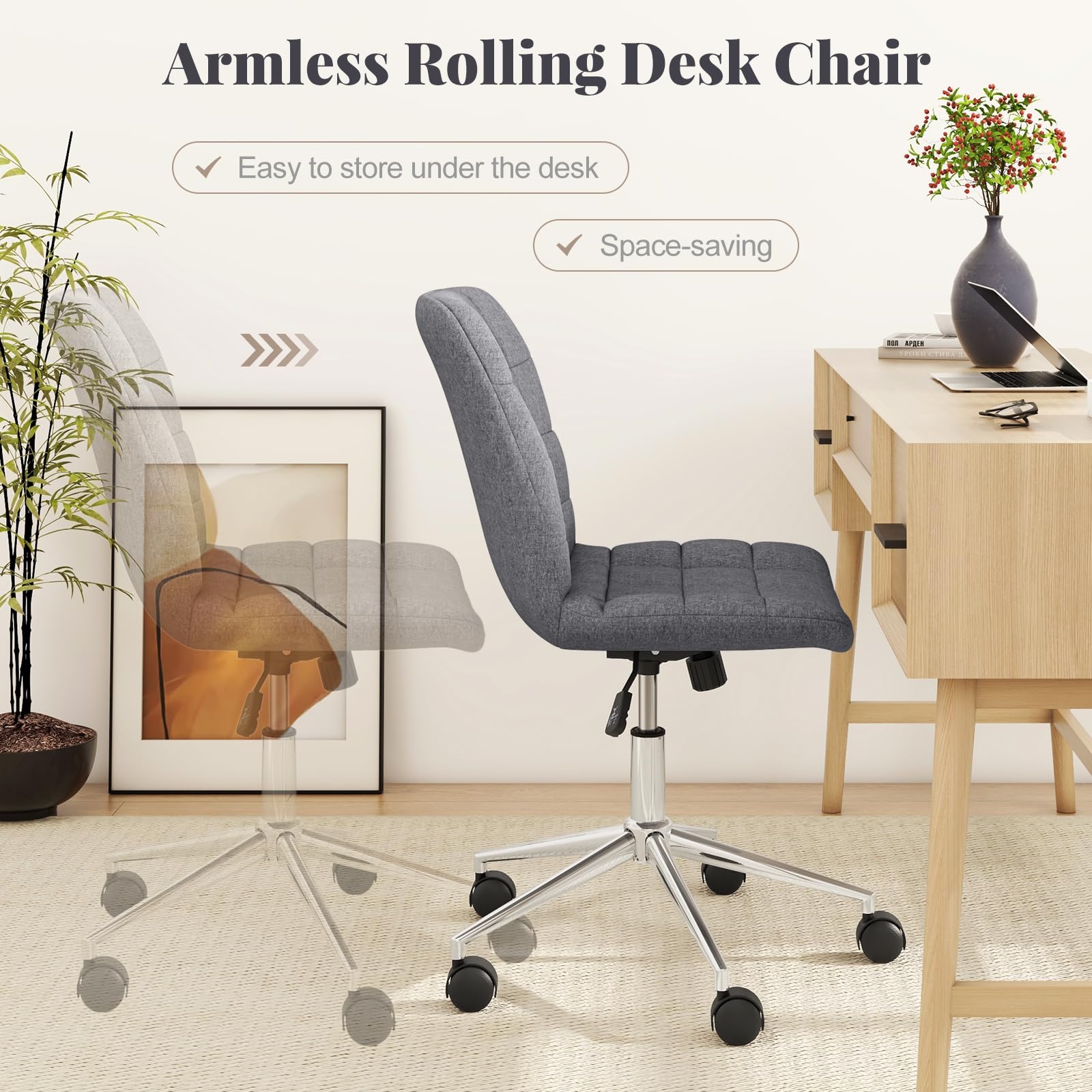 Giantex Armless Office Chair, Linen Fabric Vanity Chair with Wheels & Adjustable Height, 360° Rolling Swivel Task Computer Chair