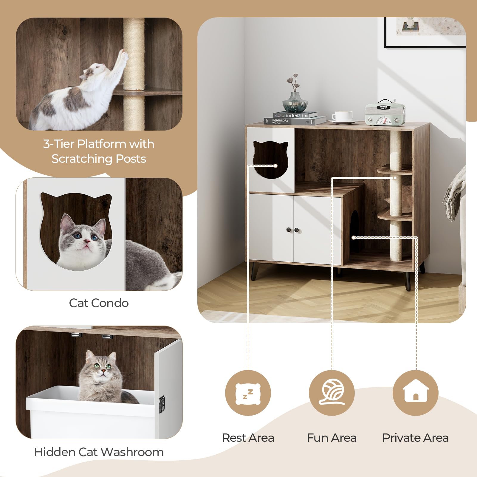 Giantex Cat Litter Box Enclosure - Wooden Cat House Washroom Hidden Furniture with Cat Tree