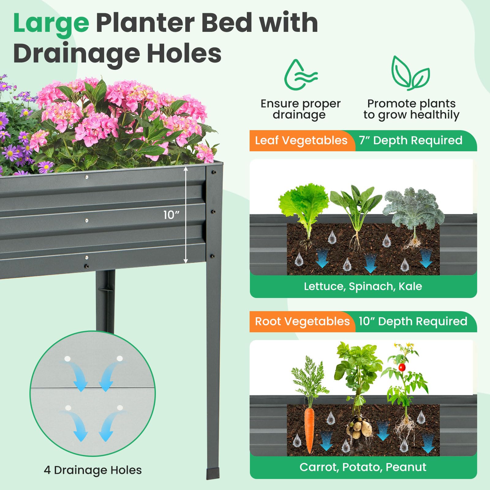 Giantex Raised Garden Bed with Legs, 46”x24”x32” Galvanized Steel Planter Box with Drainage Holes for Vegetables