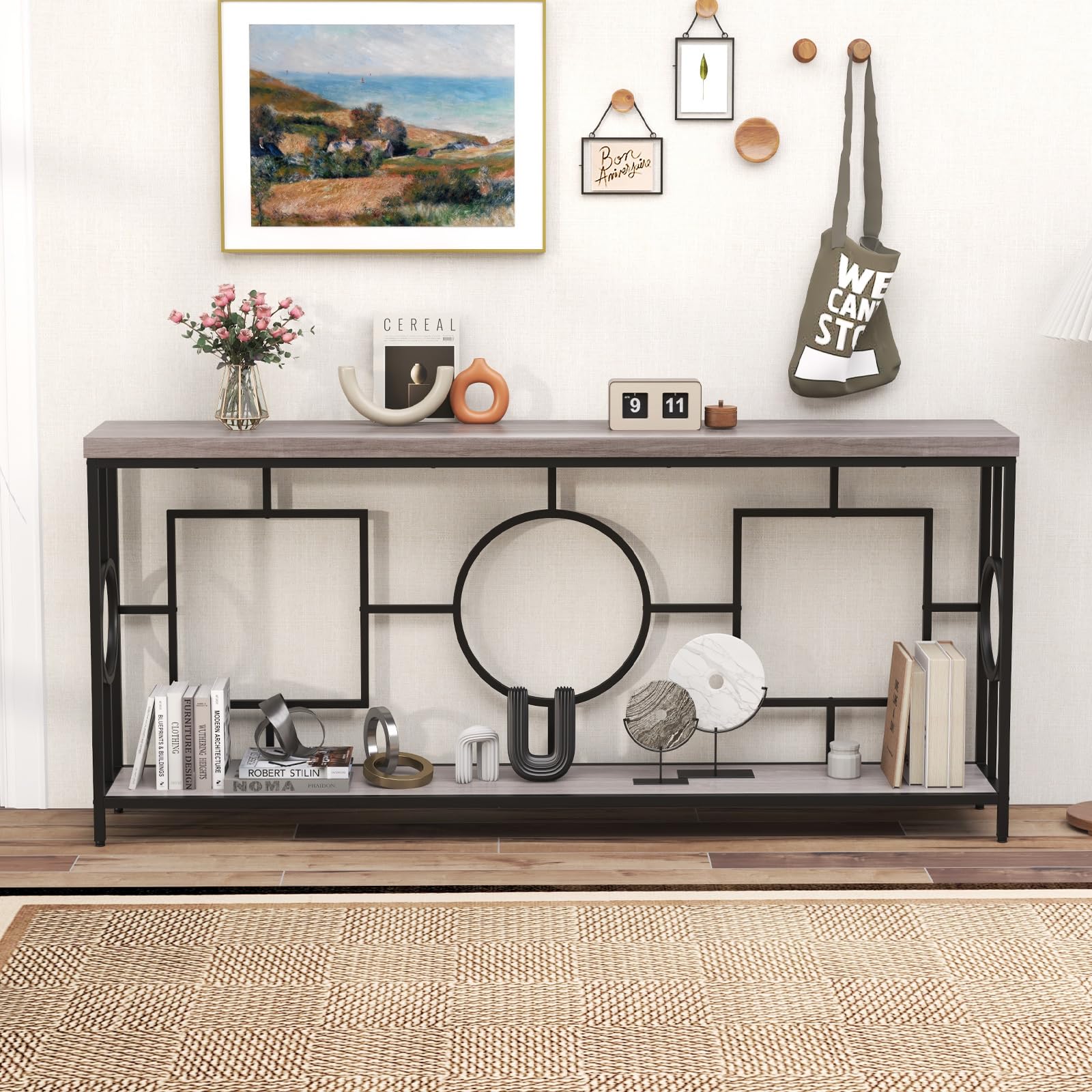 Giantex 71" Console Table, 2-Tier Extra-Long Entryway Table w/Storage Shelf, Faux Wood Top