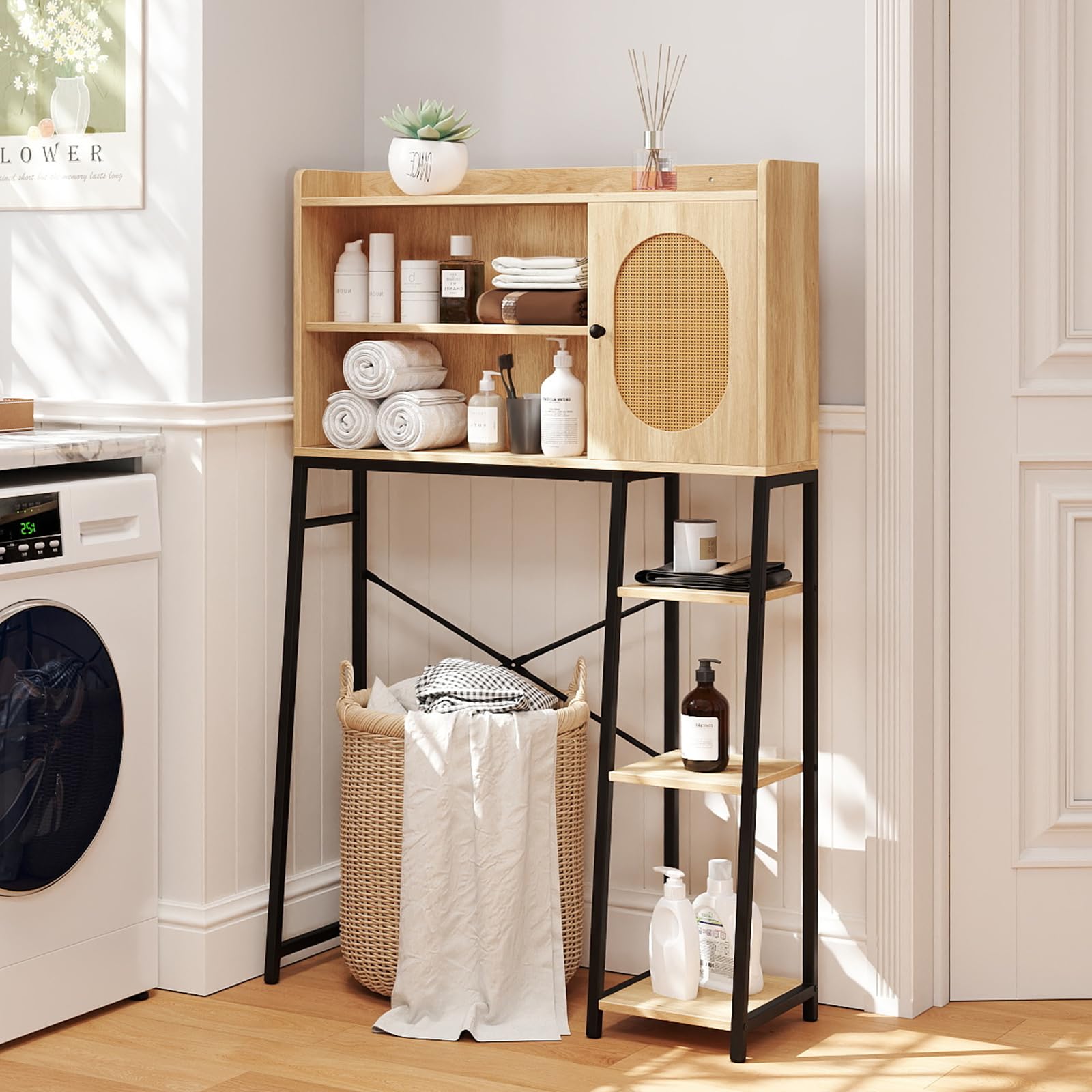 Giantex Over The Toilet Storage Cabinet, Freestanding Storage Organizer Above Toilet with PE Rattan Door and Adjustable Shelf