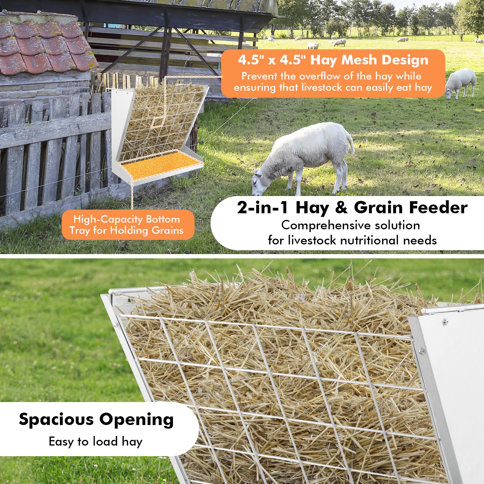 Giantex Hay Feeder for Goats - 28'' Hanging Hay Rack with Grain Feeder