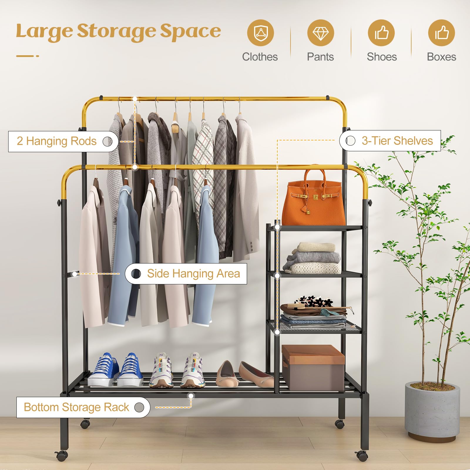 Giantex Double Rods Garment Rack with Wheels, Clothing Rack w/ 2 Hanging Height Adjustable Rods, Side Mesh Racks