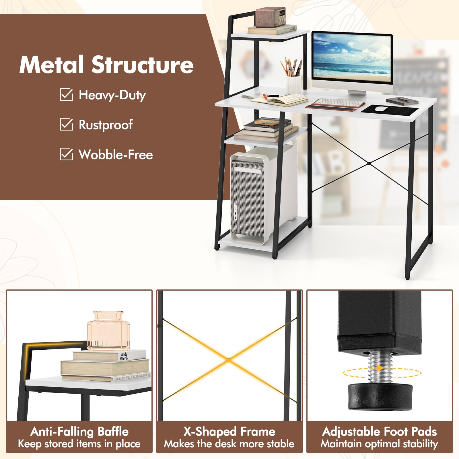 Giantex Computer Desk with Shelves, 47.5” Home Office Desk with Bookshelf, Host Stand