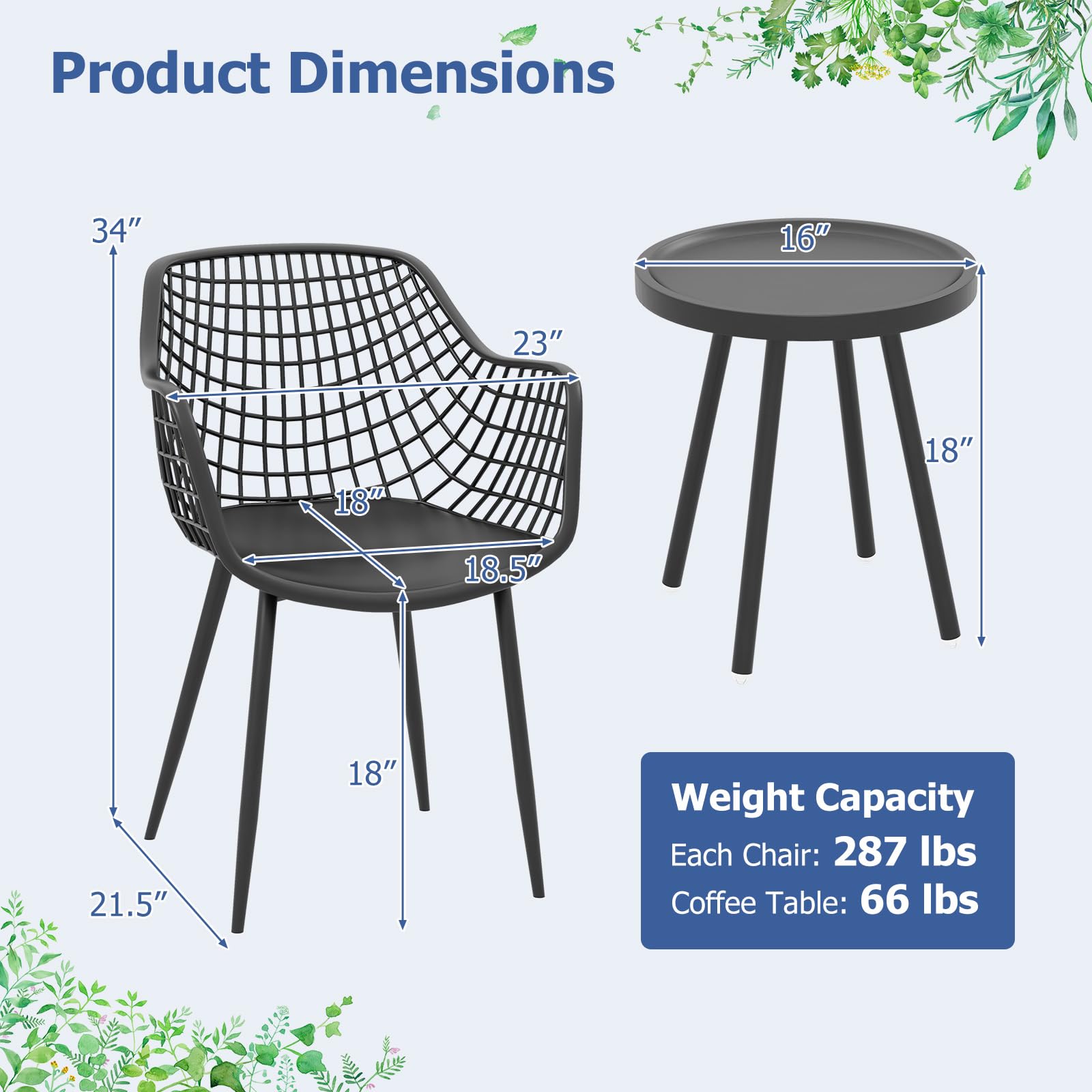 Giantex 3 Piece Patio Furniture Set, Outdoor Bistro Table and Chairs Set of 2, PP Seat & Metal Legs