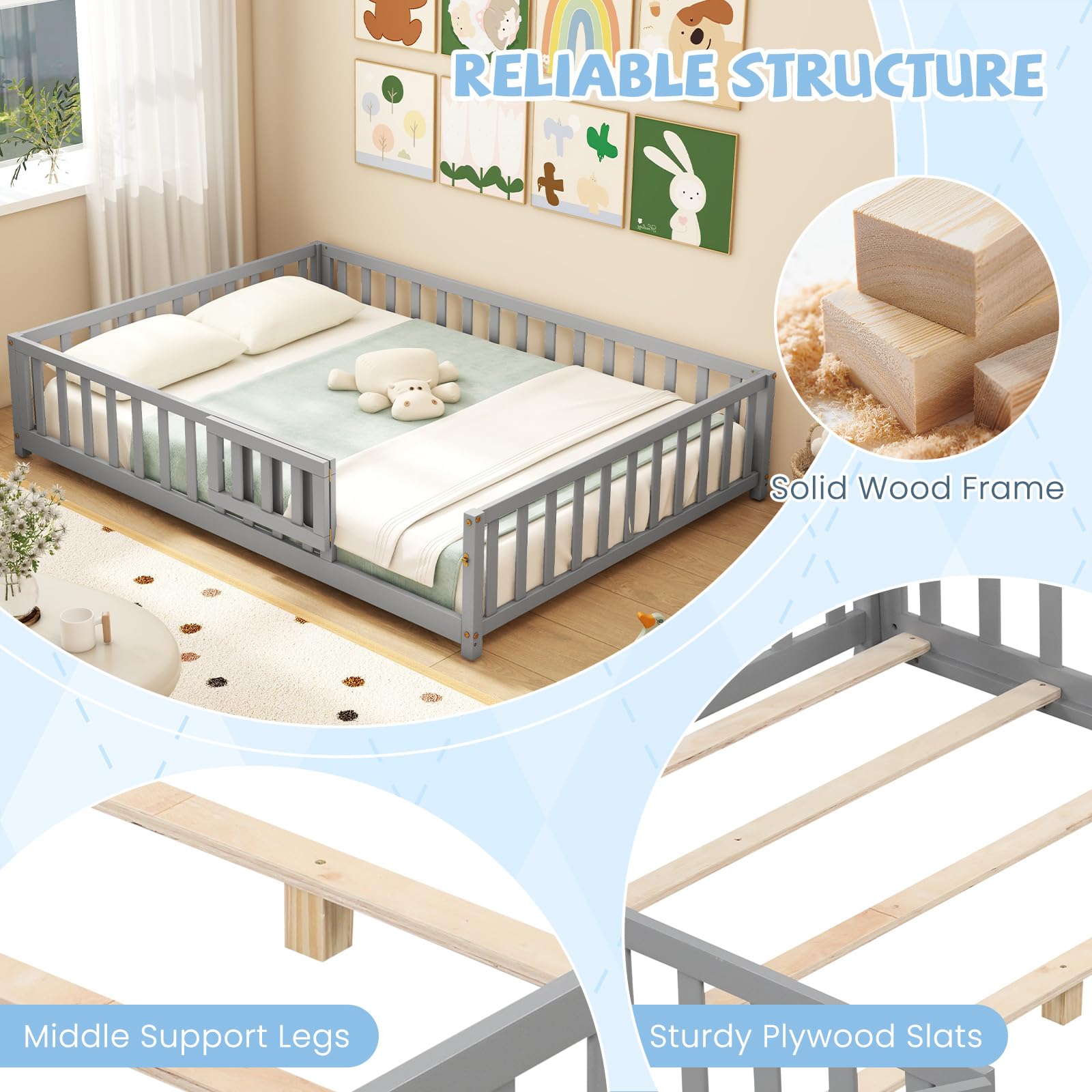 Giantex Full Size Floor Bed for Kids, Montessori Floor Bed with Wood Slats & Safety Guardrails