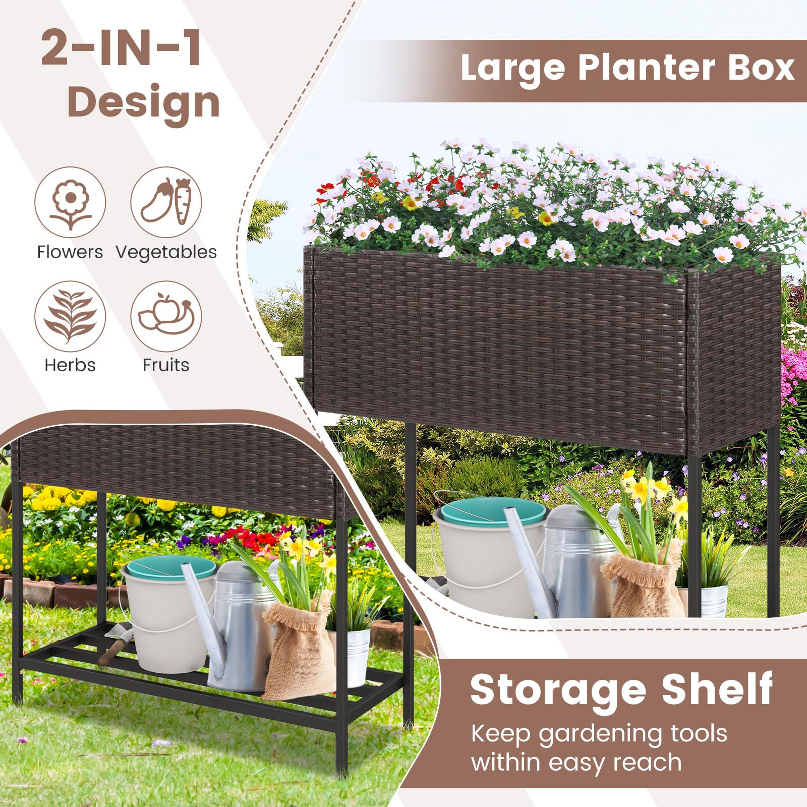 Giantex Raised Garden Bed with Legs, Rattan Elevated Planter Box w/Storage Shelf