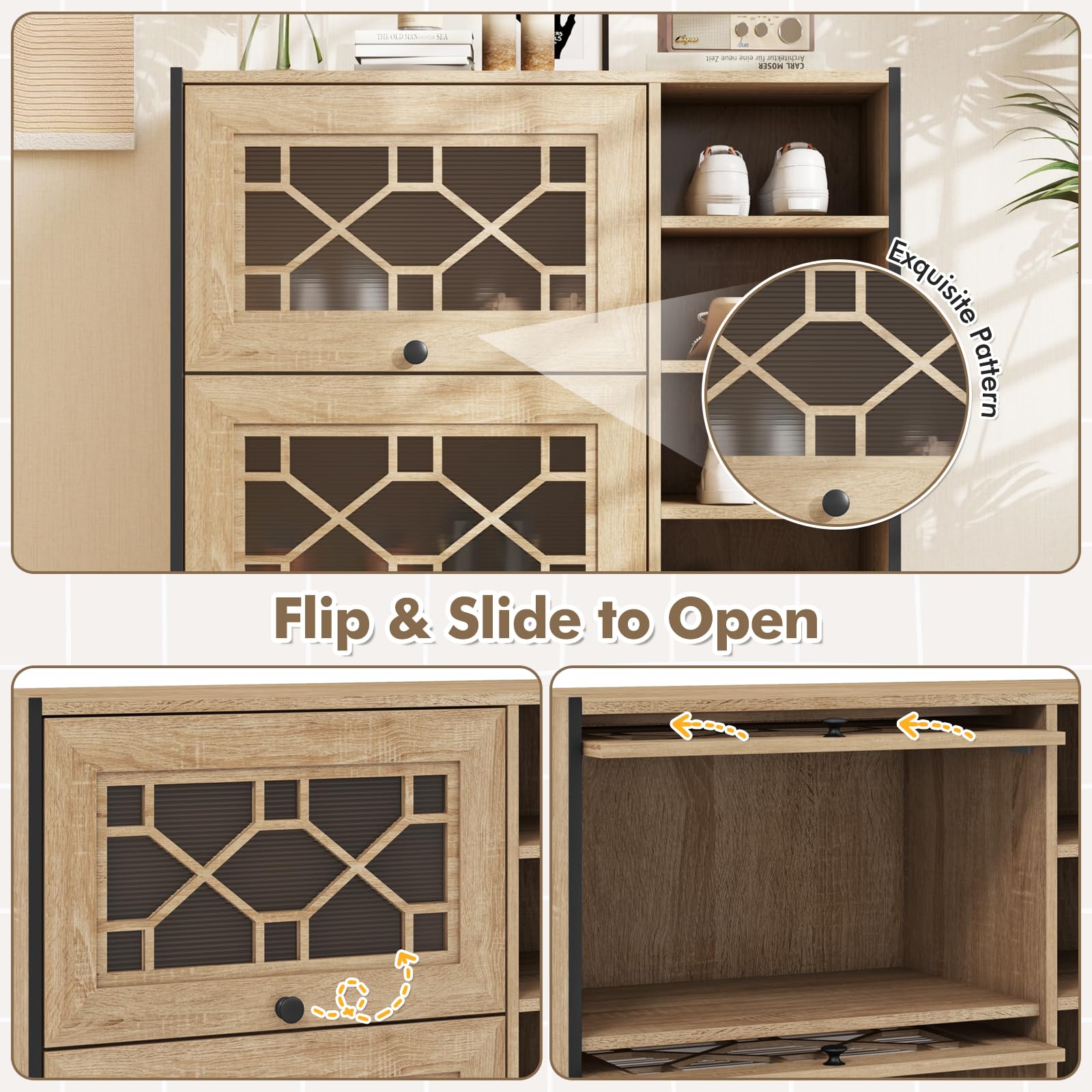 Giantex Shoe Cabinet with Flip & Slide Doors, Shoe Storage Cabinet with Adjustable Cube Shelves(Decorative Doors)