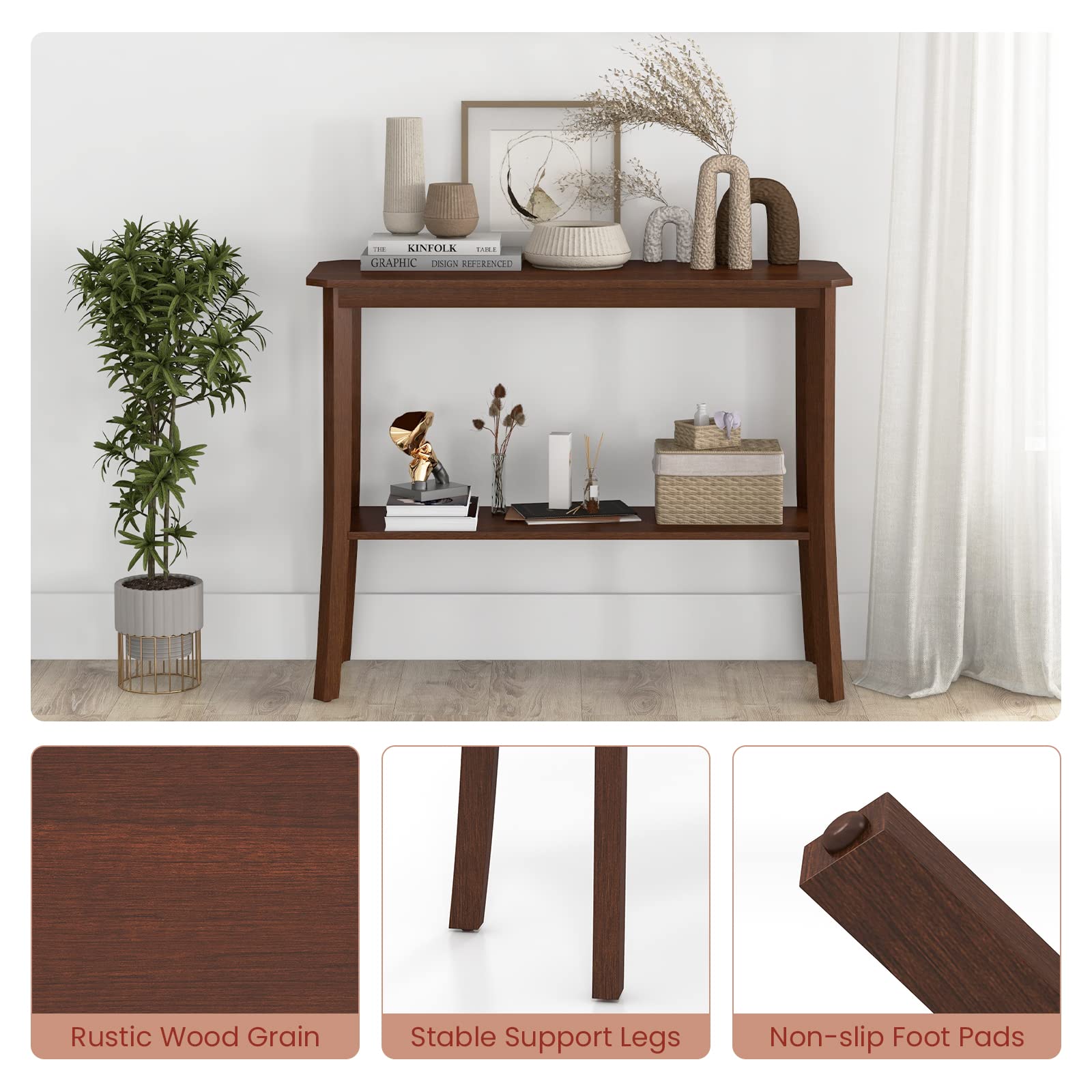 Giantex 2-Tier Console Table for Entryway - Sofa Side Table with Open Shelf, Freestanding Long Entryway Table, Brown