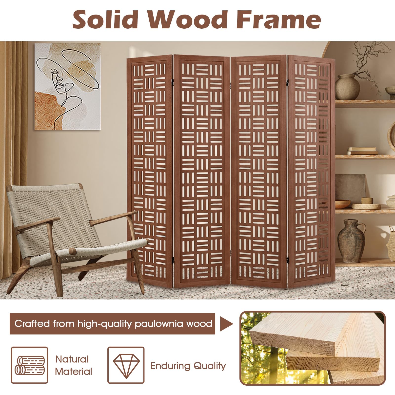 Giantex 4 Panels Room Divider - Folding Room Dividers with Carved Cutout Pattern & Solid Wood Frame