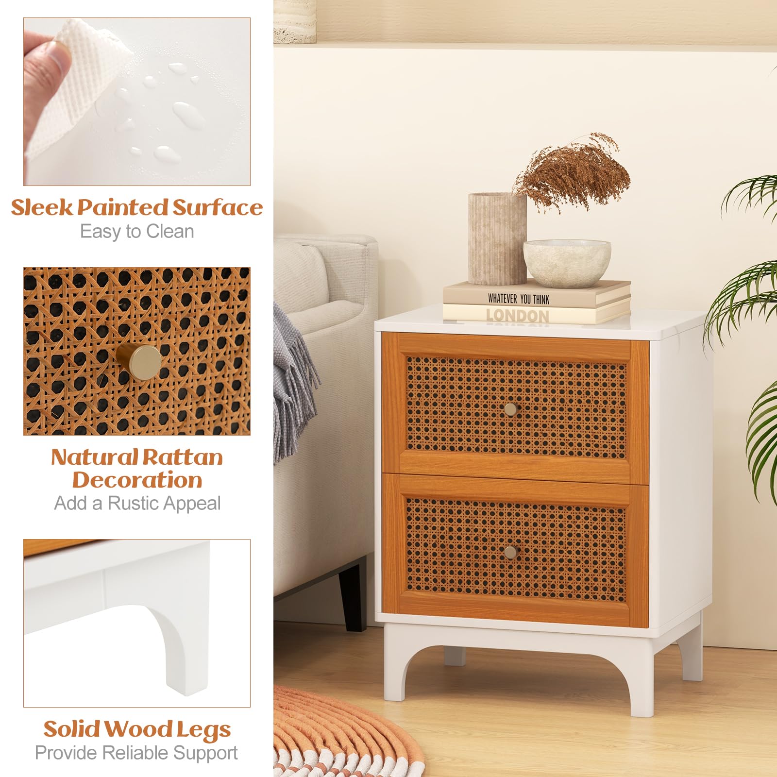 Giantex Rattan Nightstand with Drawers, Natural Rattan End Table, Cane Accent Bedside Table with Solid Wood Legs for Bedroom