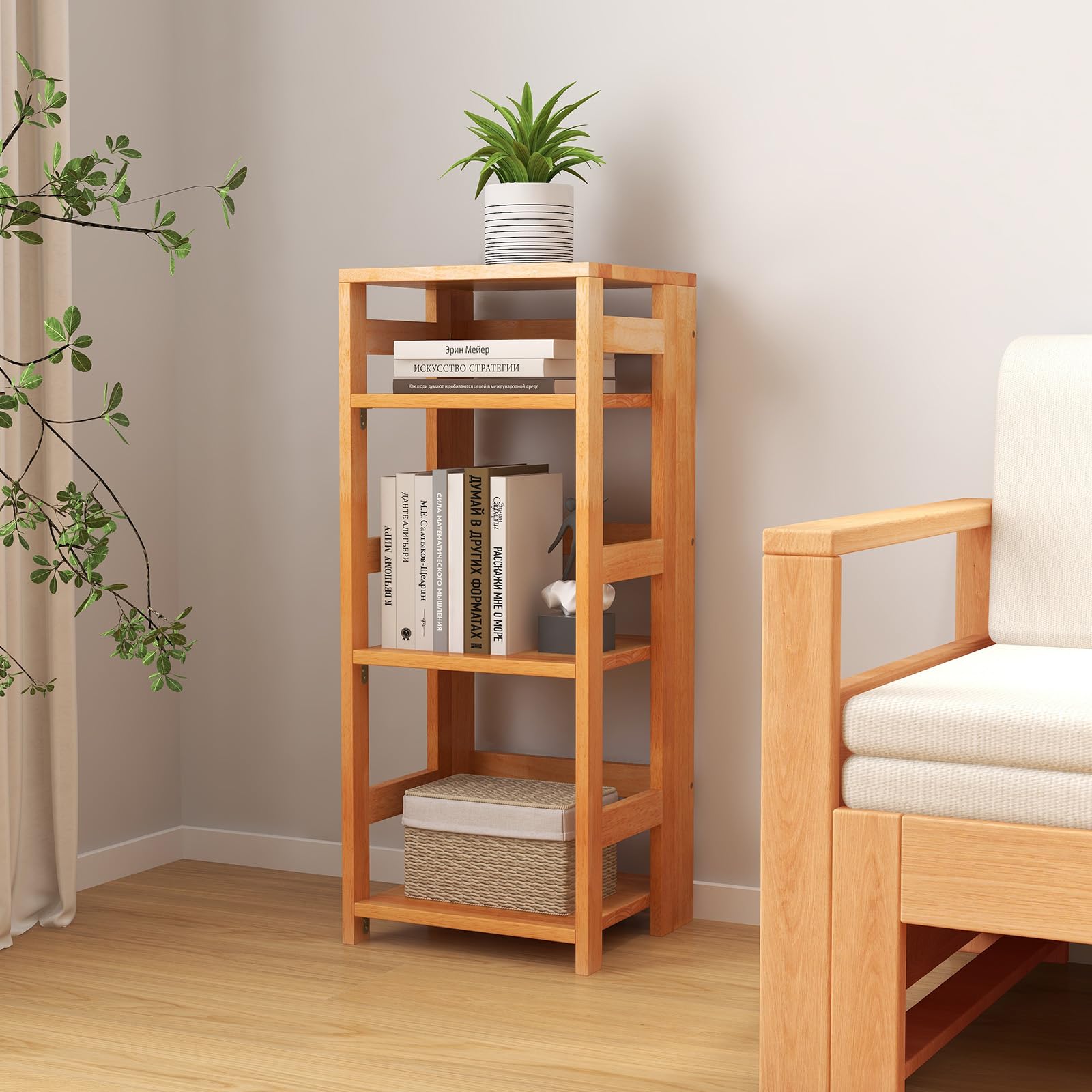 Giantex 4-Tier Bookshelf, 34.5" Floor Storage Shelf w/Rubber Wood Frame, Anti-Toppling Kits, 14" x 13" x 34.5"