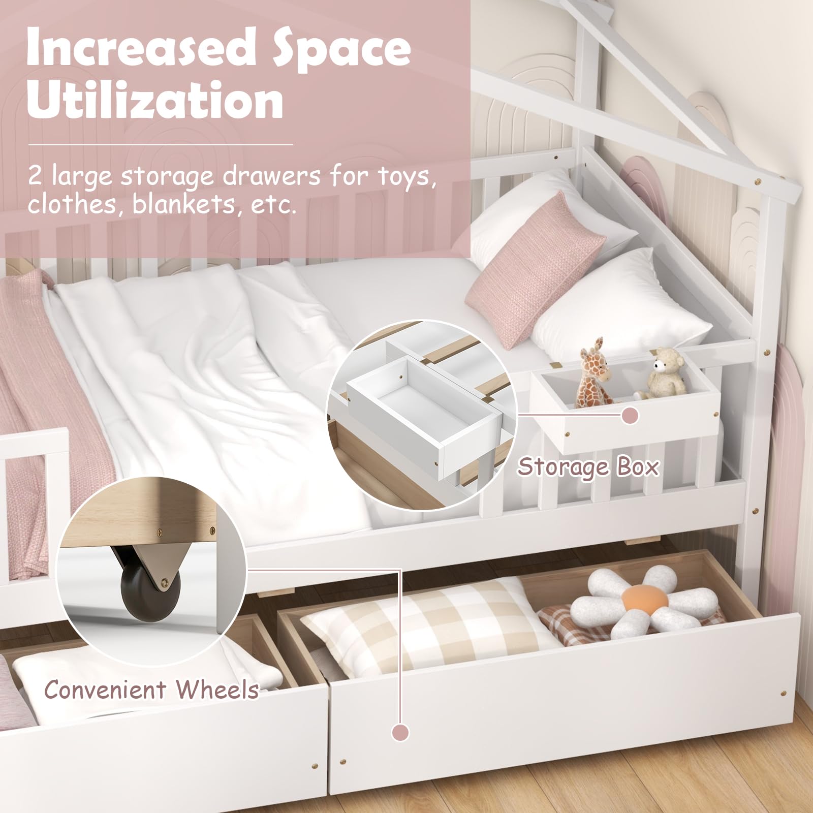 Giantex Twin House Bed with Drawers, Wooden Twin Bed Frame with Cube Storage & Fence Rails