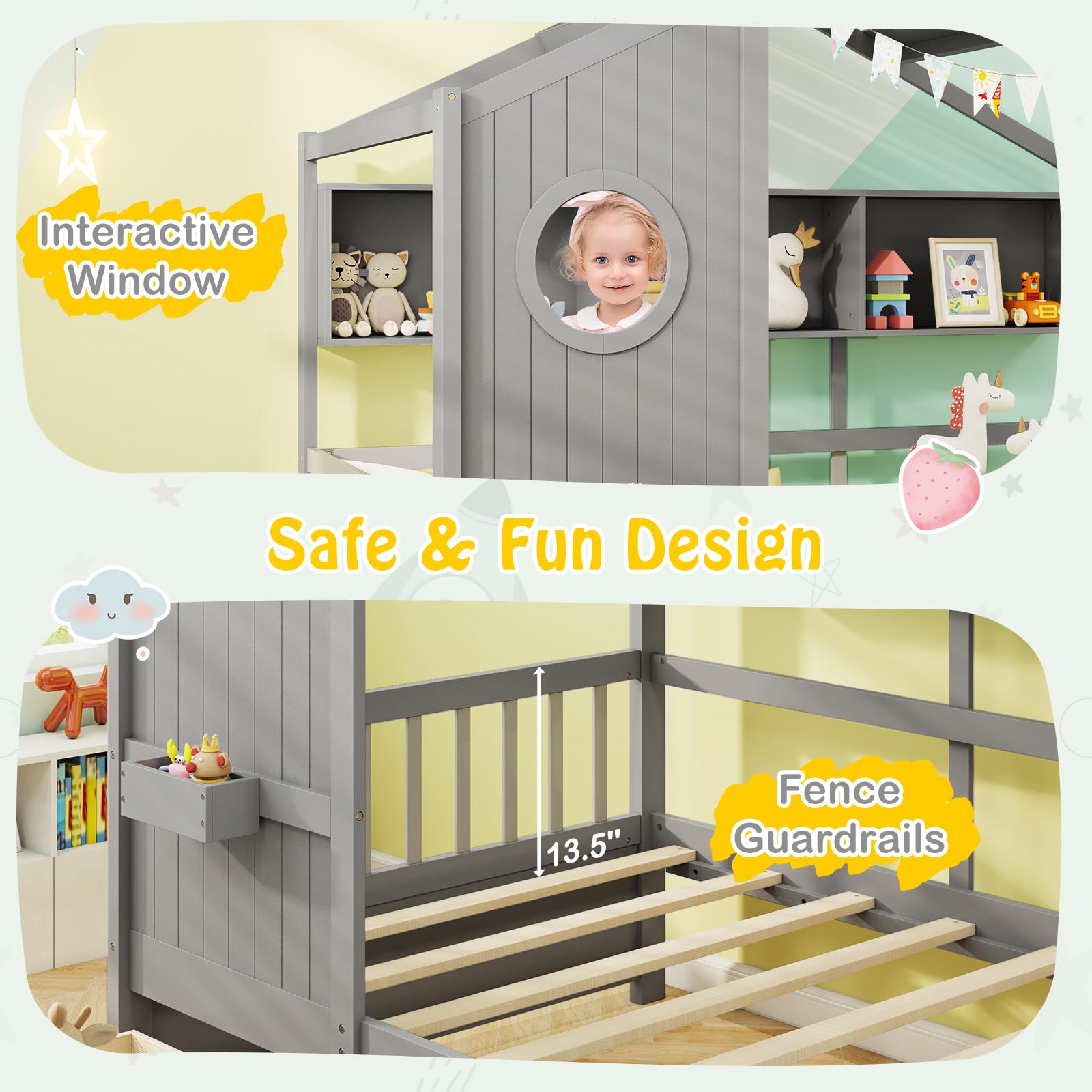 Giantex Twin House Bed with 2 Storage Drawers, Kids Bed Frame with Storage Cubes, Montessori Bed with Fence Guardrails & Roof