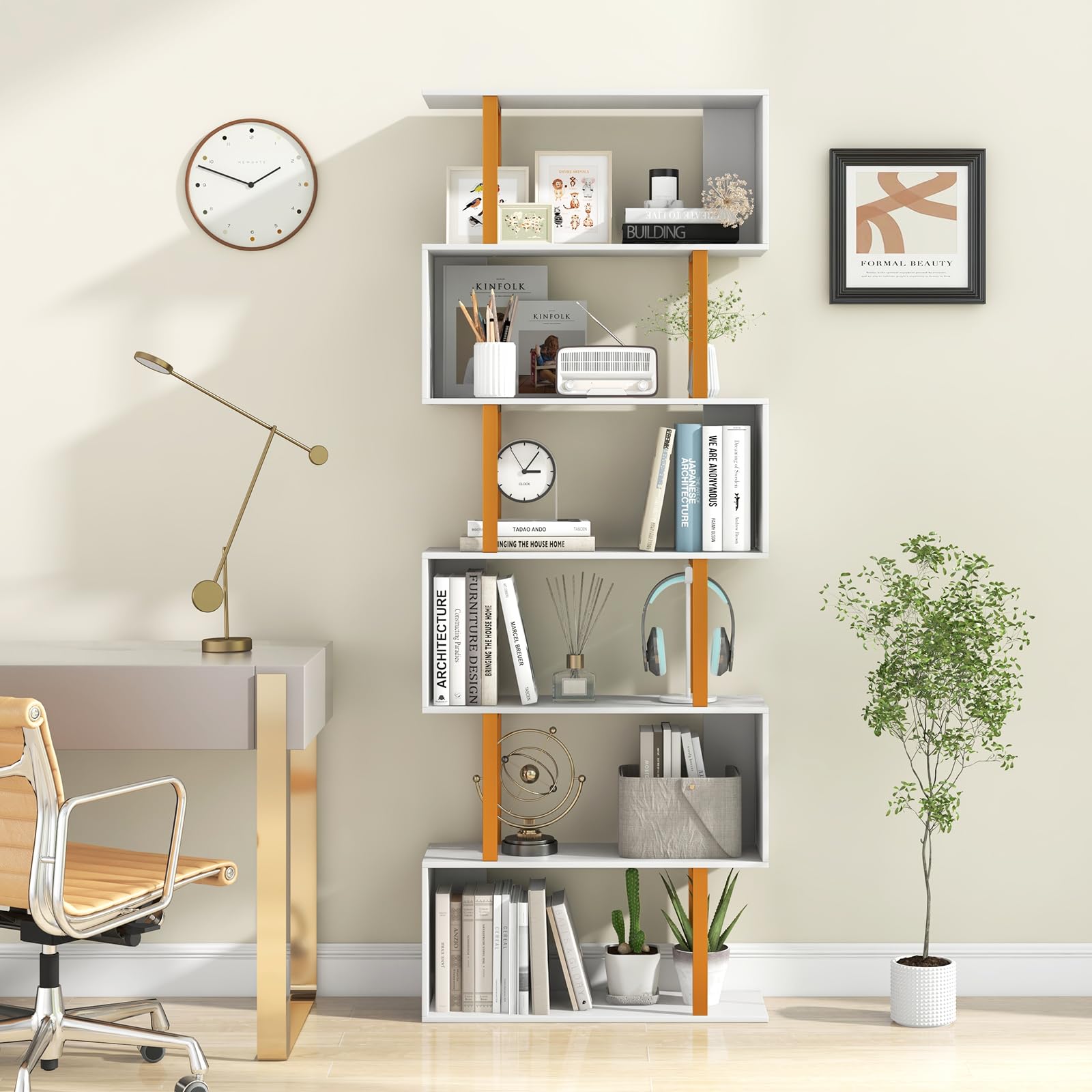 Giantex 6-Tier Modern S-Shaped Bookshelf with Anti-Tipping Kits