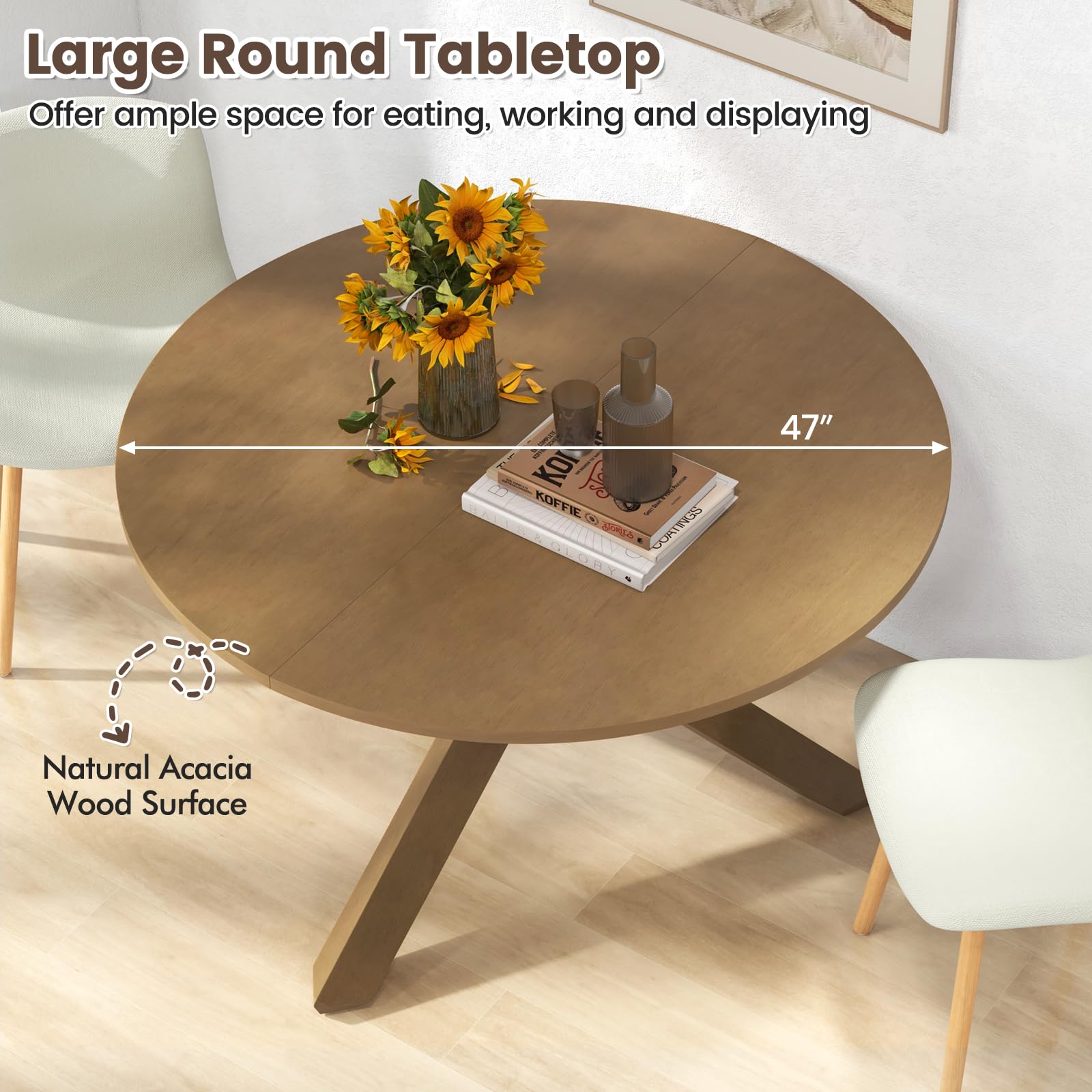 Giantex 47" Round Dining Table, Mid Century Modern Round Kitchen Table w/Solid Acacia Wood Legs, Adjustable Foot Pads