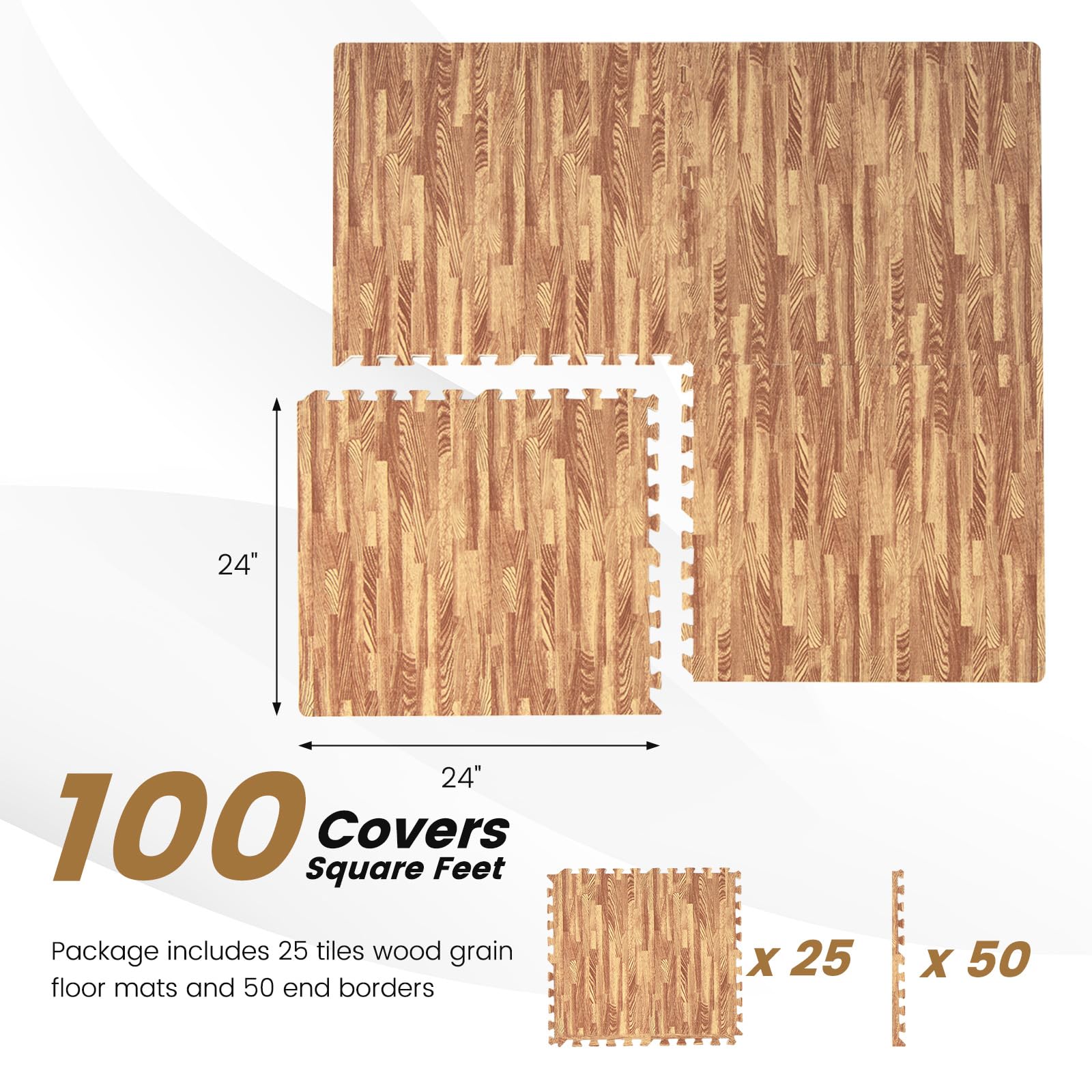 Giantex 100 Sq. Ft Wood Grain Floor Tiles Foam Mat, 25 PCS 24'' x 24'' Puzzle Exercise Mats with Borders