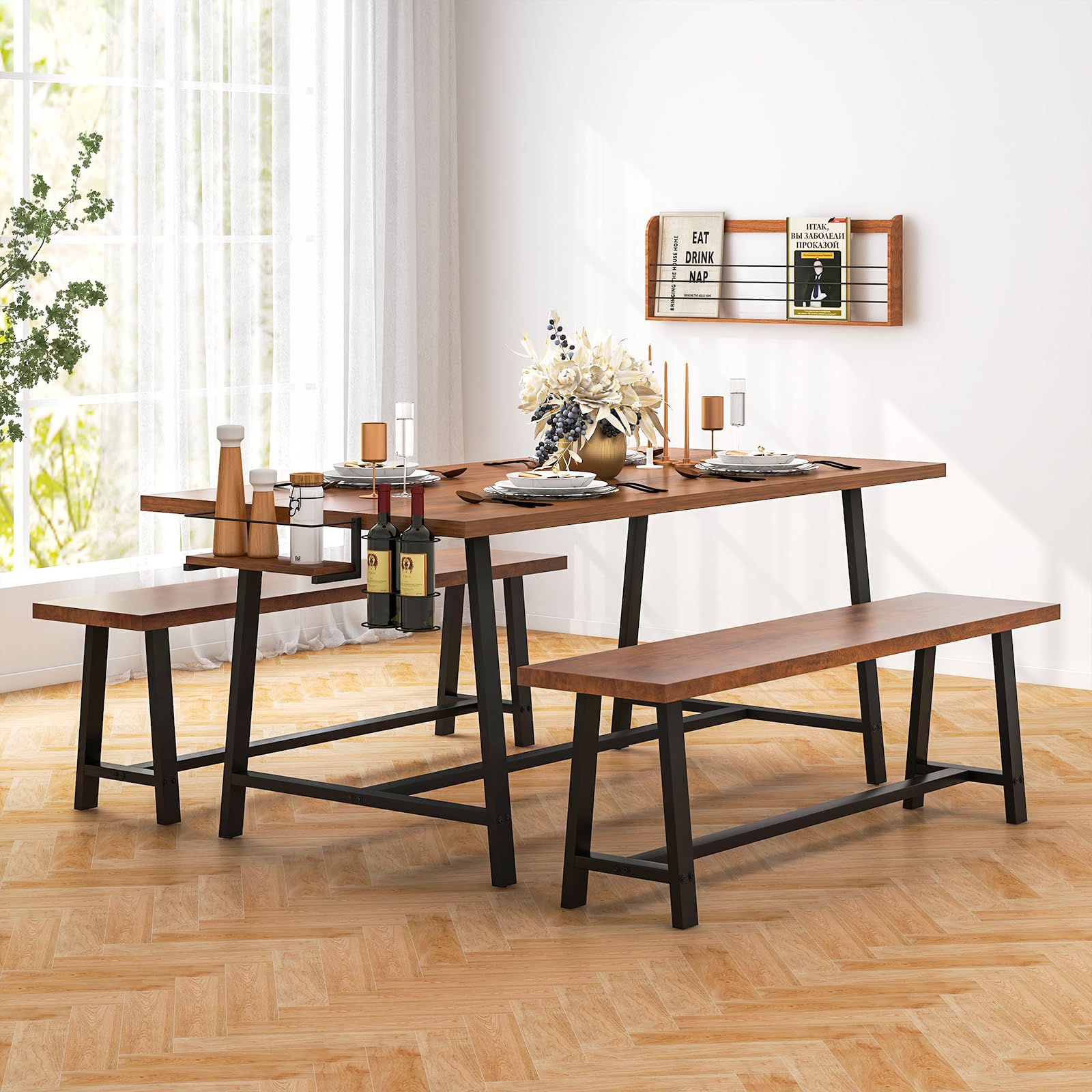 Giantex 72” Dining Table Set for 4-8, 3-Piece Kitchen Table Set with 2 Benches