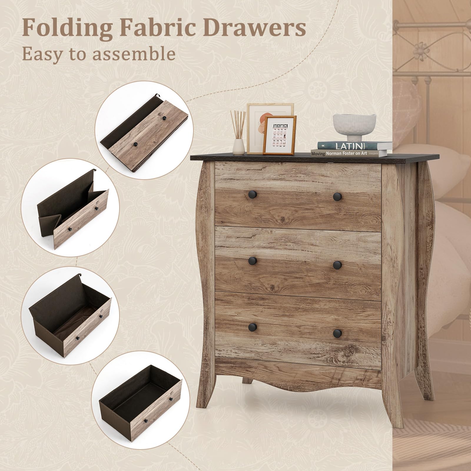 Giantex Storage Cabinet with Foldable & Detachable Fabric Drawers, Anti-Tipping Kit, 26.5” x 15” x 30” Farmhouse Floor Cabinet